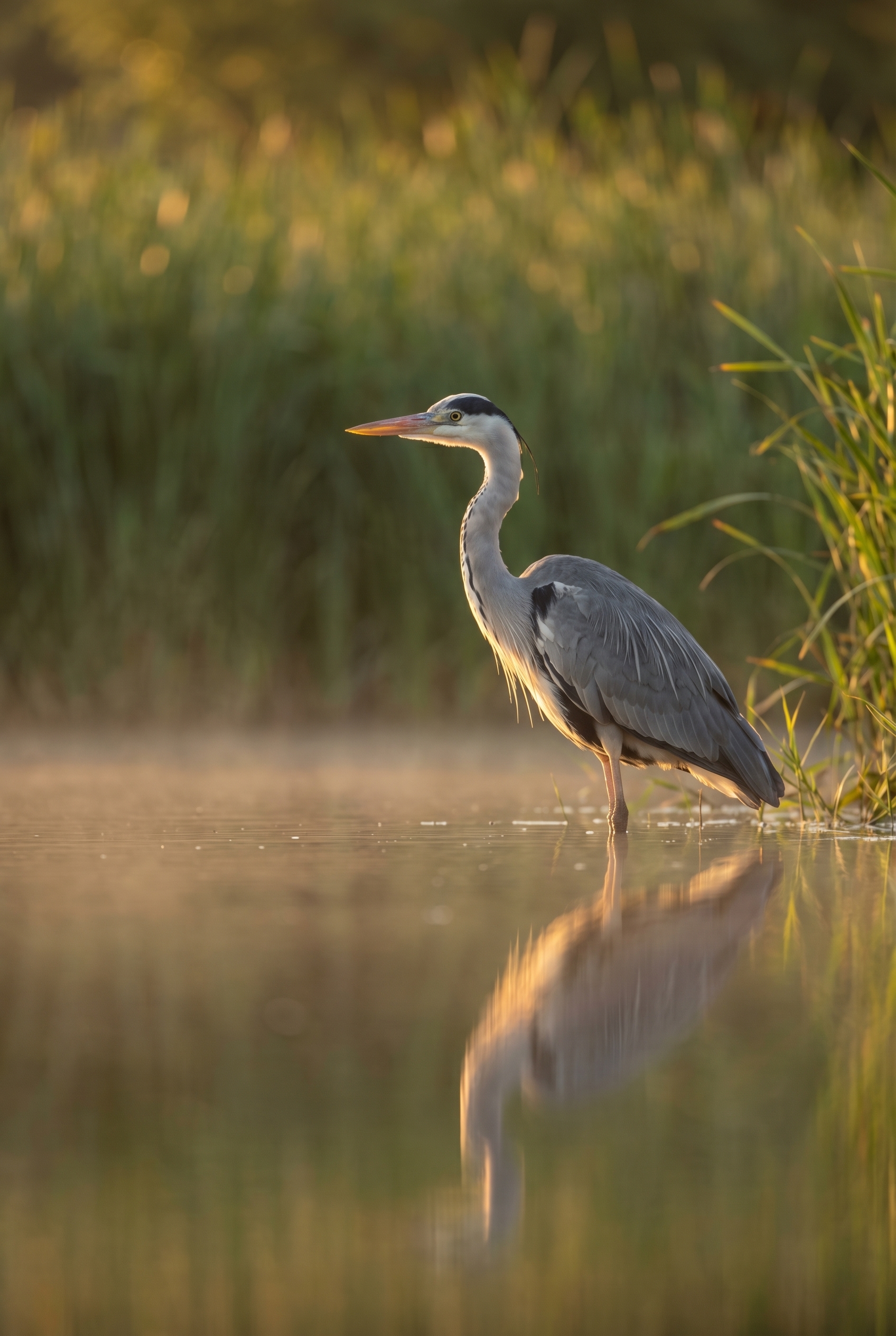 Héron cendré immobile au bord d'une rivière au coucher du soleil avec une mise au point nette sur l'œil, illustration pour apprendre la photo animalière débutant.