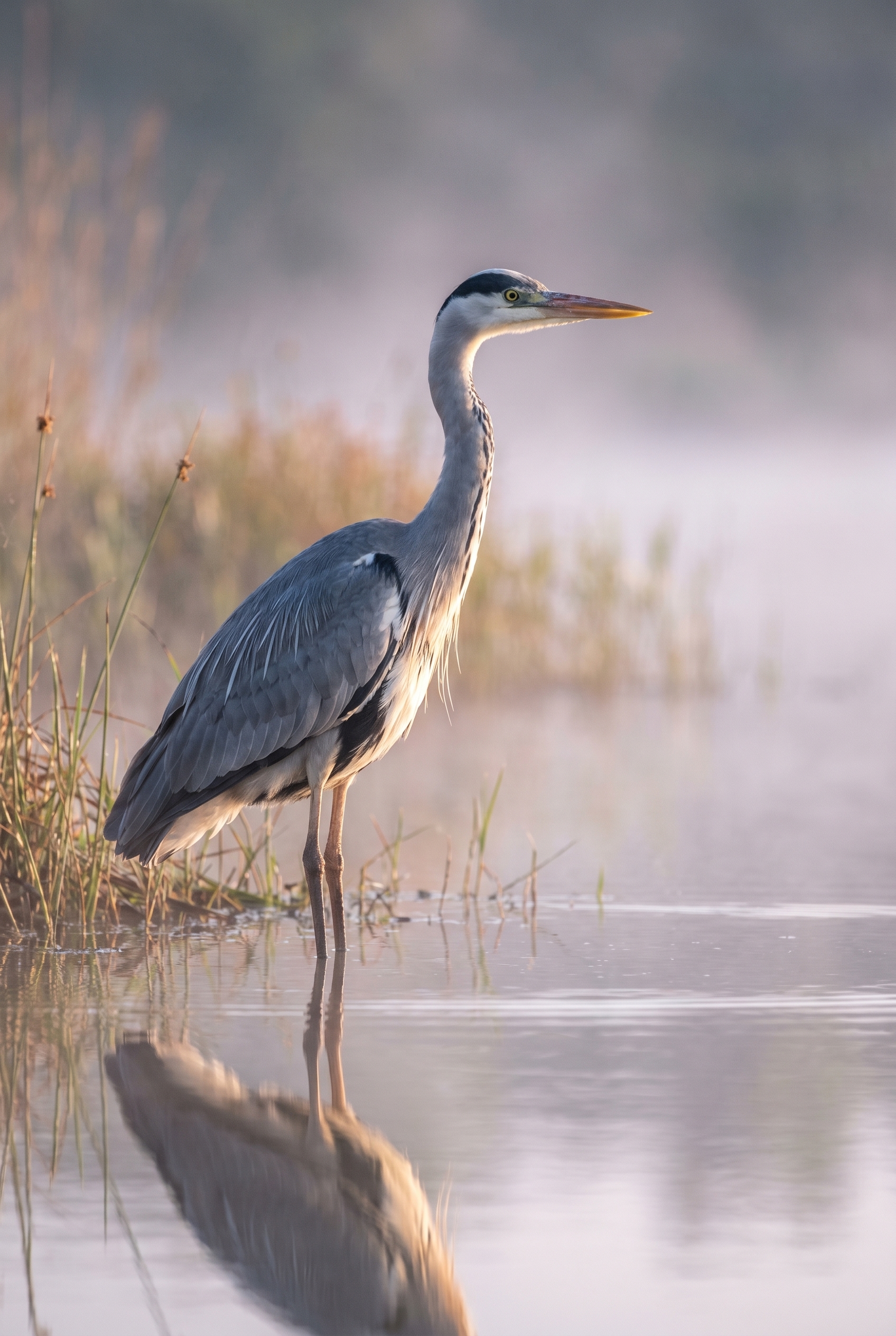 Un héron cendré immobile dans un marais brumeux à l'aube, illustrant la précision d'une marque d'appareil photo performante pour la nature.