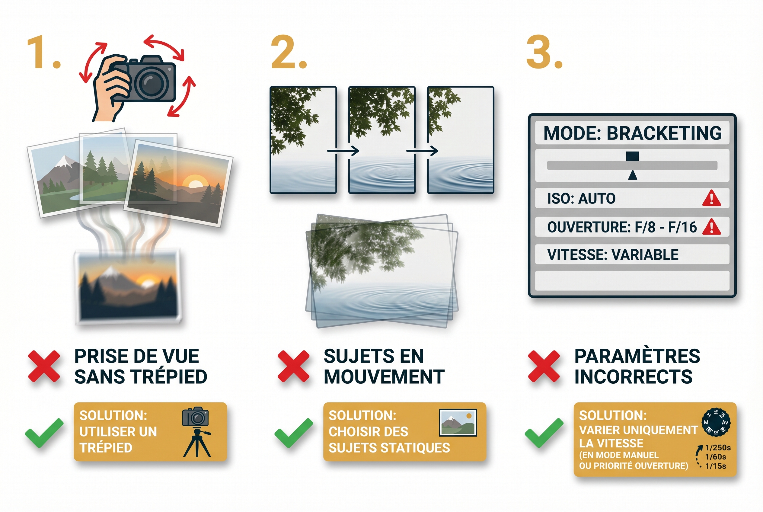 Réussir le bracketing photo : le guide complet 27 Infographie pédagogique présentant les 3 erreurs fréquentes en bracketing photo : l'absence de trépied (flou de bougé), les sujets en mouvement et les mauvais réglages boîtier.