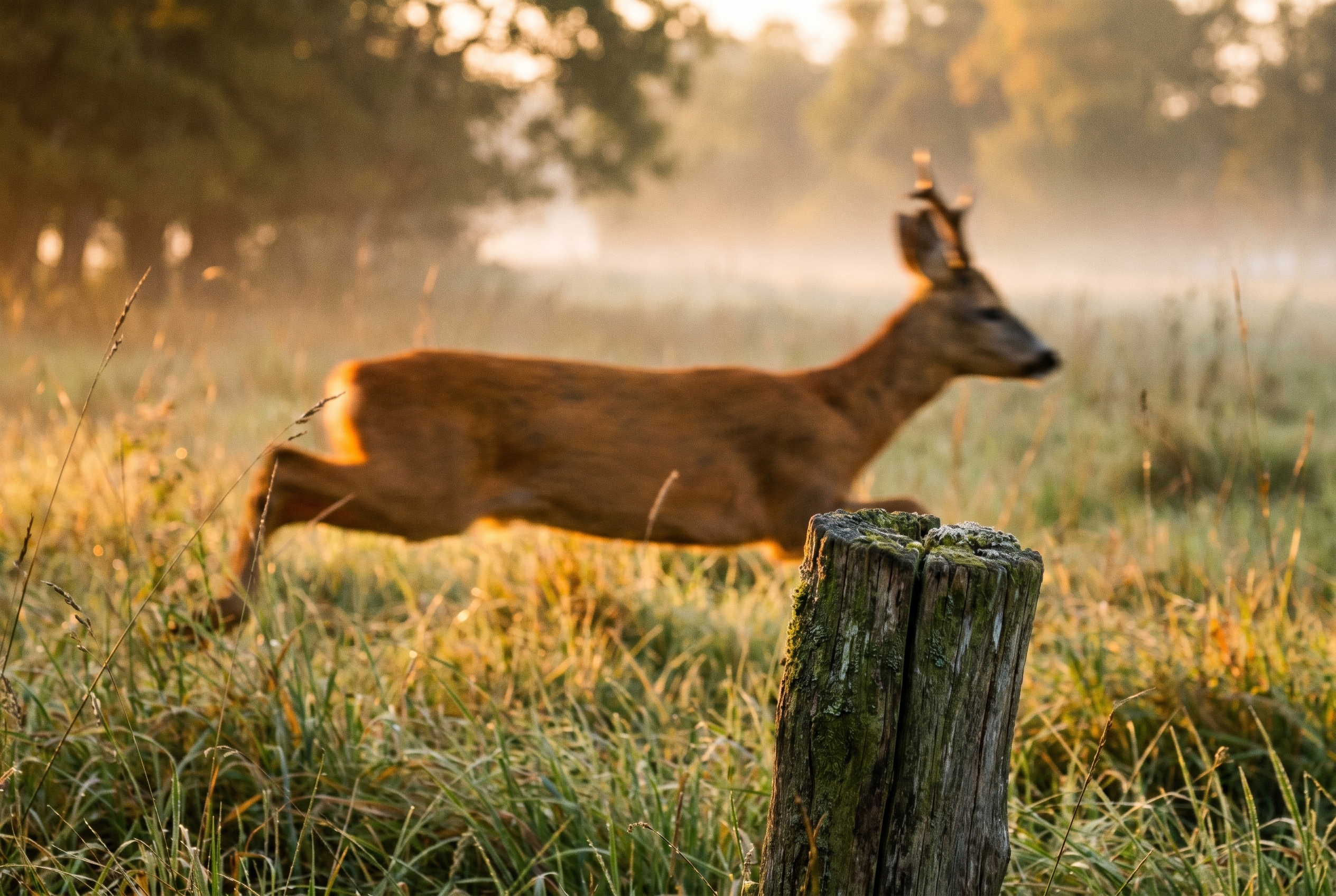 Flou de bougé : 5 astuces pour l'éviter 12 Exemple de flou de mouvement montrant un chevreuil courant dans une prairie brumeuse avec un premier plan net pour expliquer le flou de bougé.