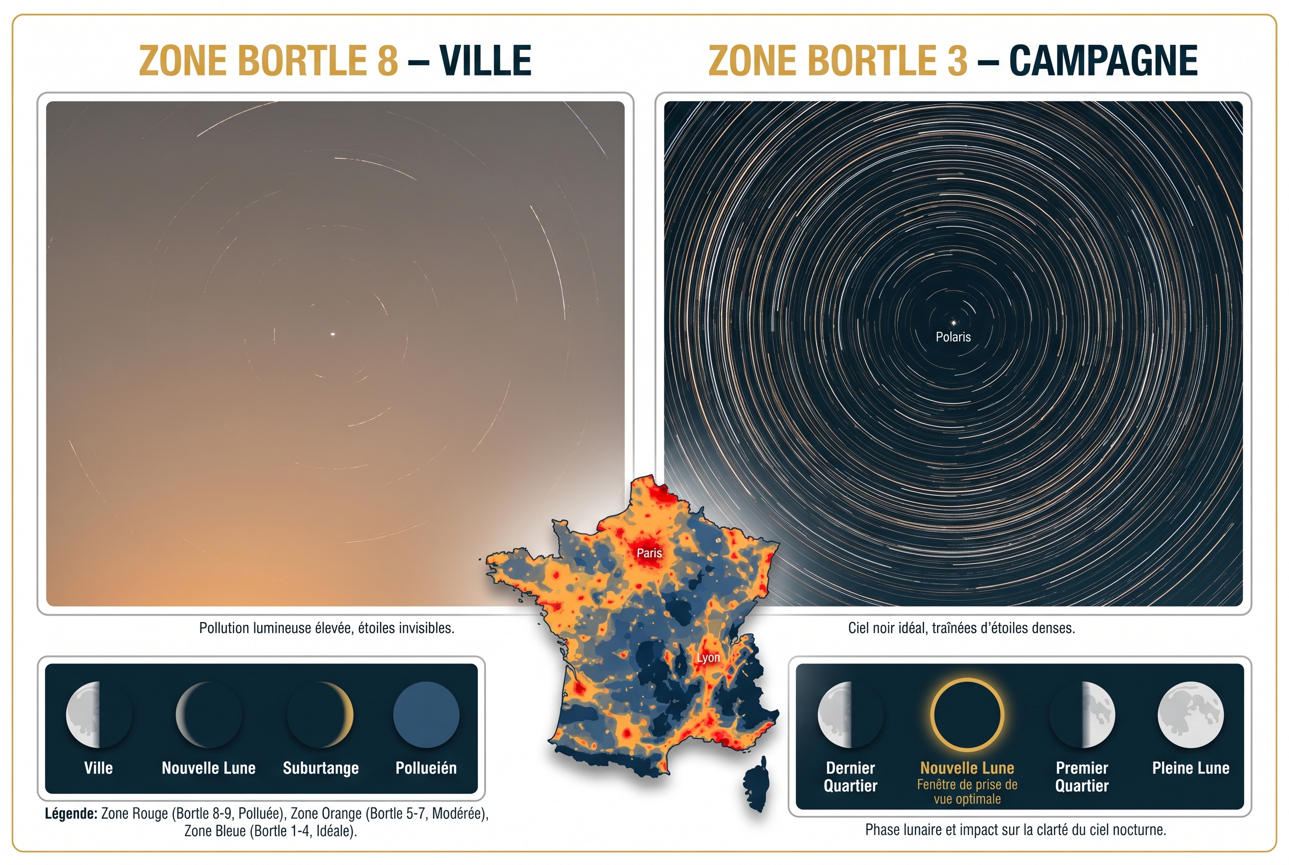 Comparaison de l'impact de la pollution lumineuse sur une photo circumpolaire entre une zone urbaine (Bortle 8) et un ciel de campagne (Bortle 3).