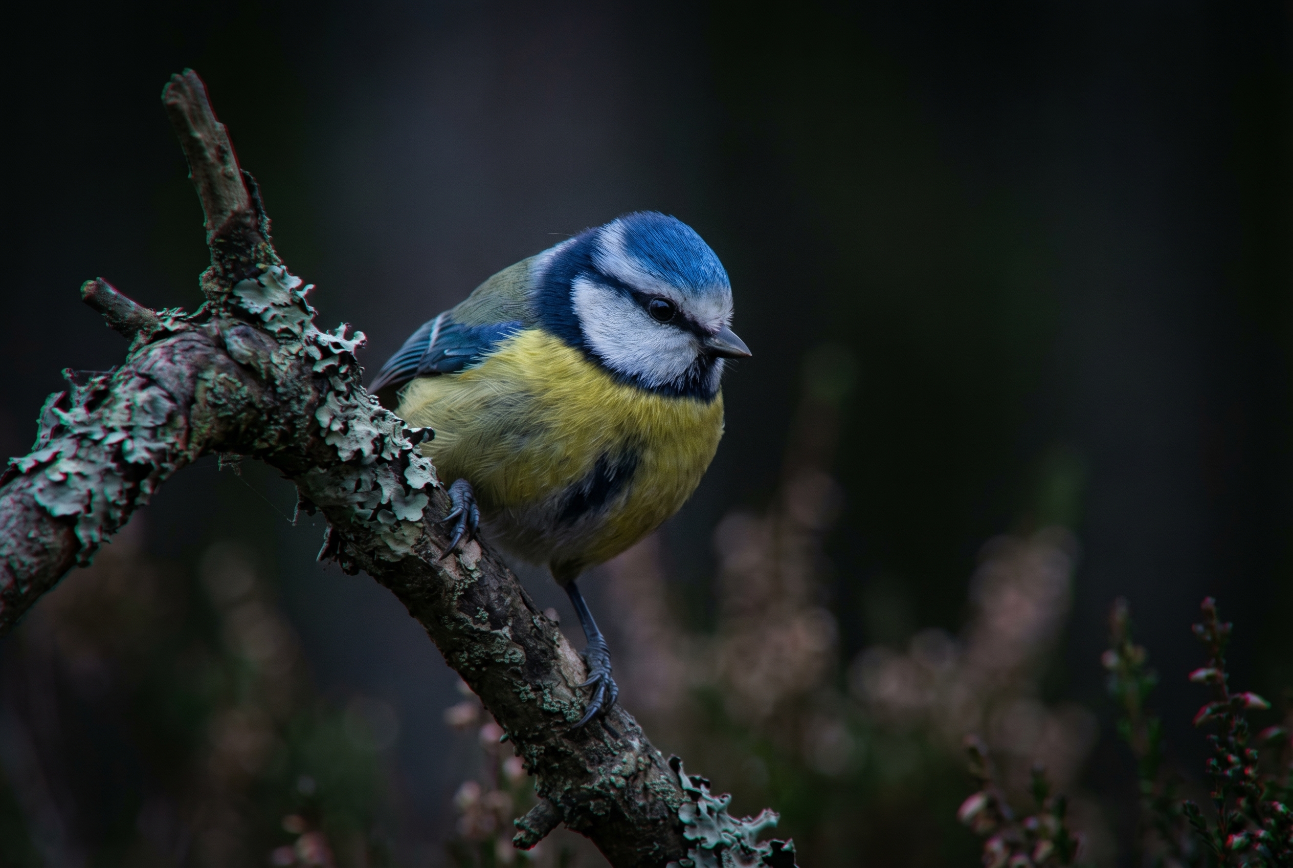 Sensibilité ISO : tout comprendre pour des photos sans bruit 17 Gros plan d'une mésange bleue illustrant le bruit numérique dû à une sensibilité ISO élevée en basse lumière.