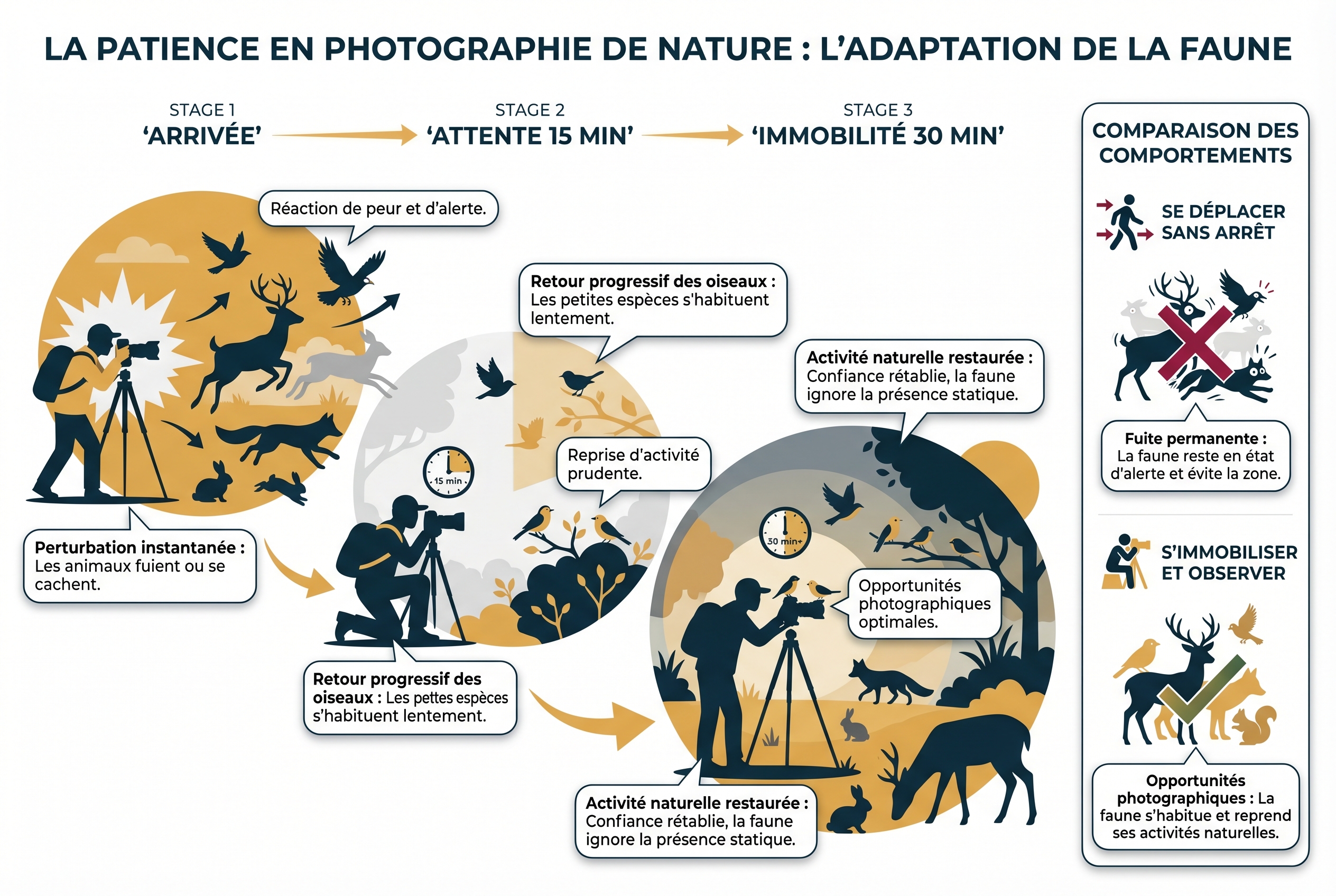 Infographie pédagogique montrant les étapes du retour de la faune sauvage : Arrivée, Attente 15 min et Immobilité 30 min pour photographier la nature.