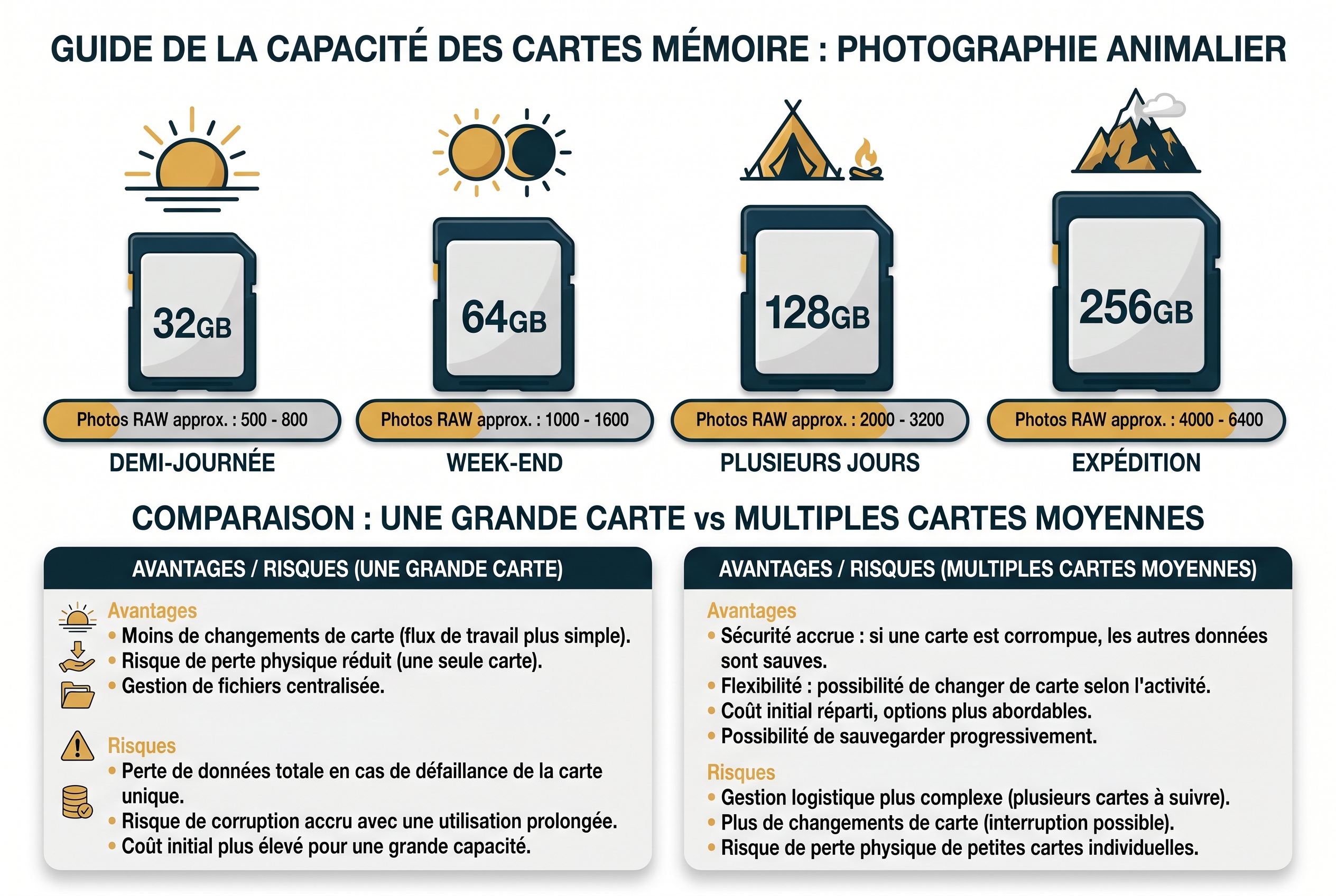 Infographie comparative expliquant combien de photos RAW on peut stocker sur une carte SD de 64 Go par rapport aux formats 32 Go, 128 Go et 256 Go selon la durée du séjour photo.