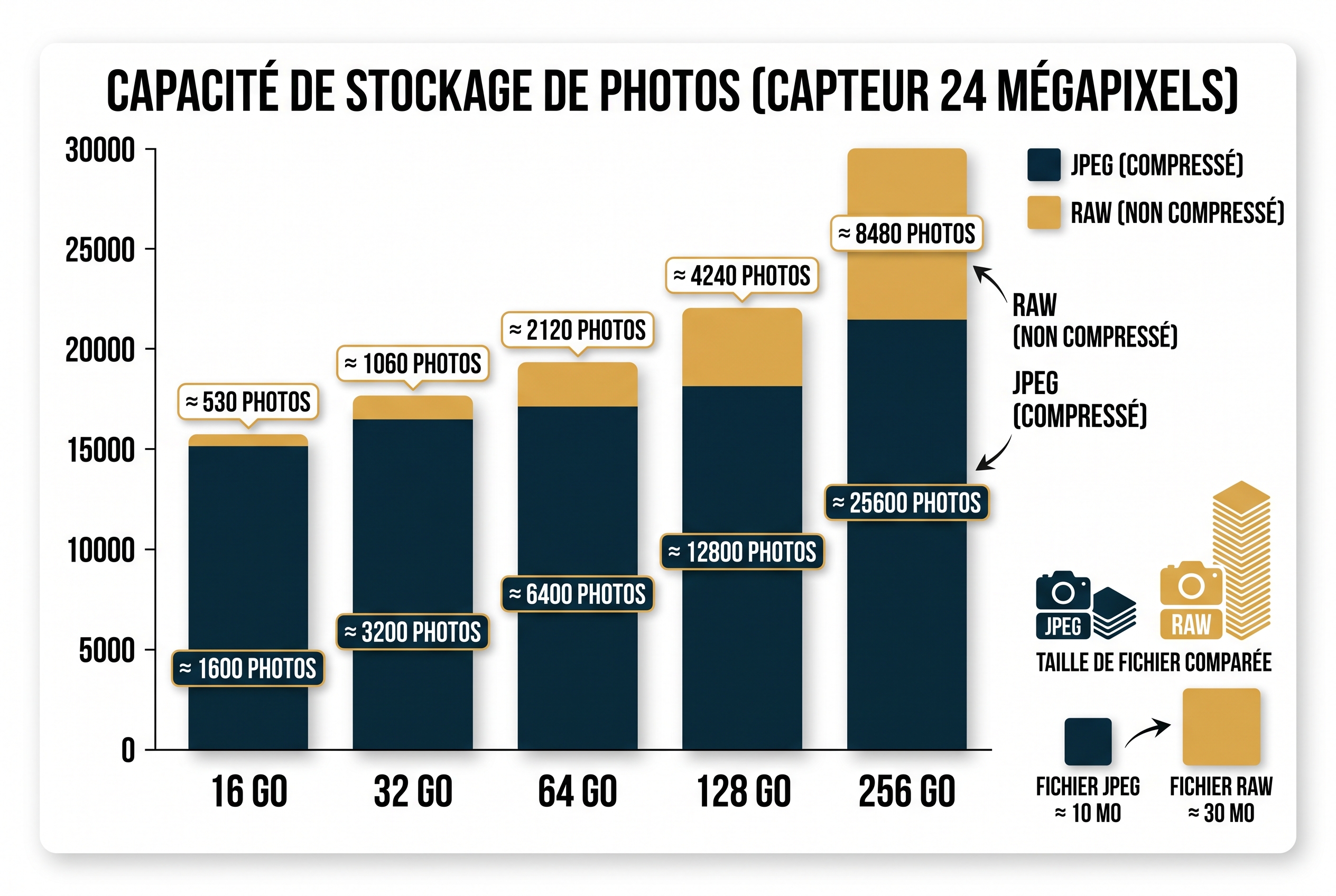 Infographie pédagogique comparant combien de photos peut-on stocker sur une carte de 64 Go en format RAW et JPEG pour un capteur 24 Mpx.