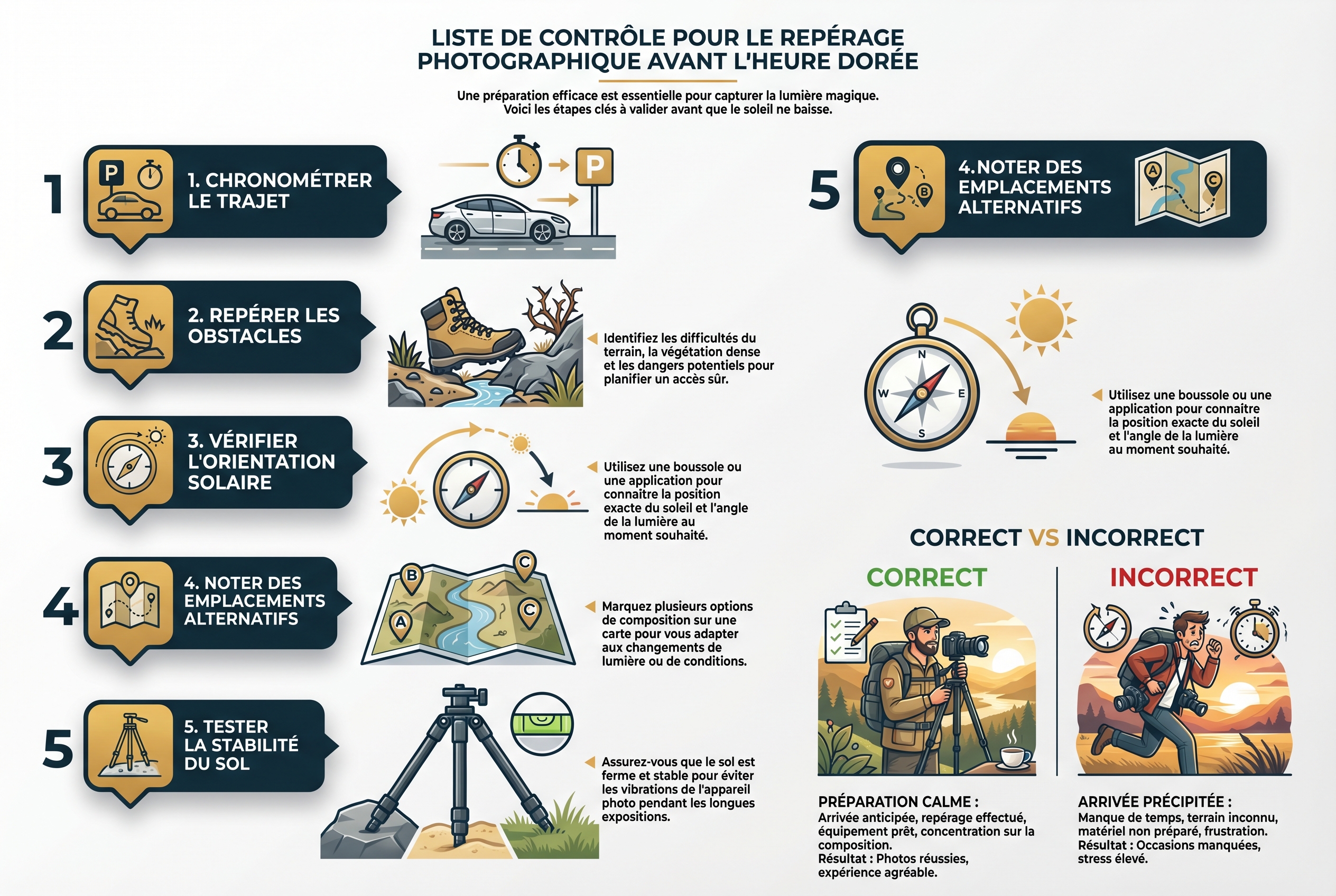 Golden-hour : comment (bien) la photographier 24 Illustration pédagogique en 5 étapes pour préparer son repérage photo avant l'heure dorée : trajet, obstacles, orientation du soleil, lieux alternatifs et stabilité du trépied.