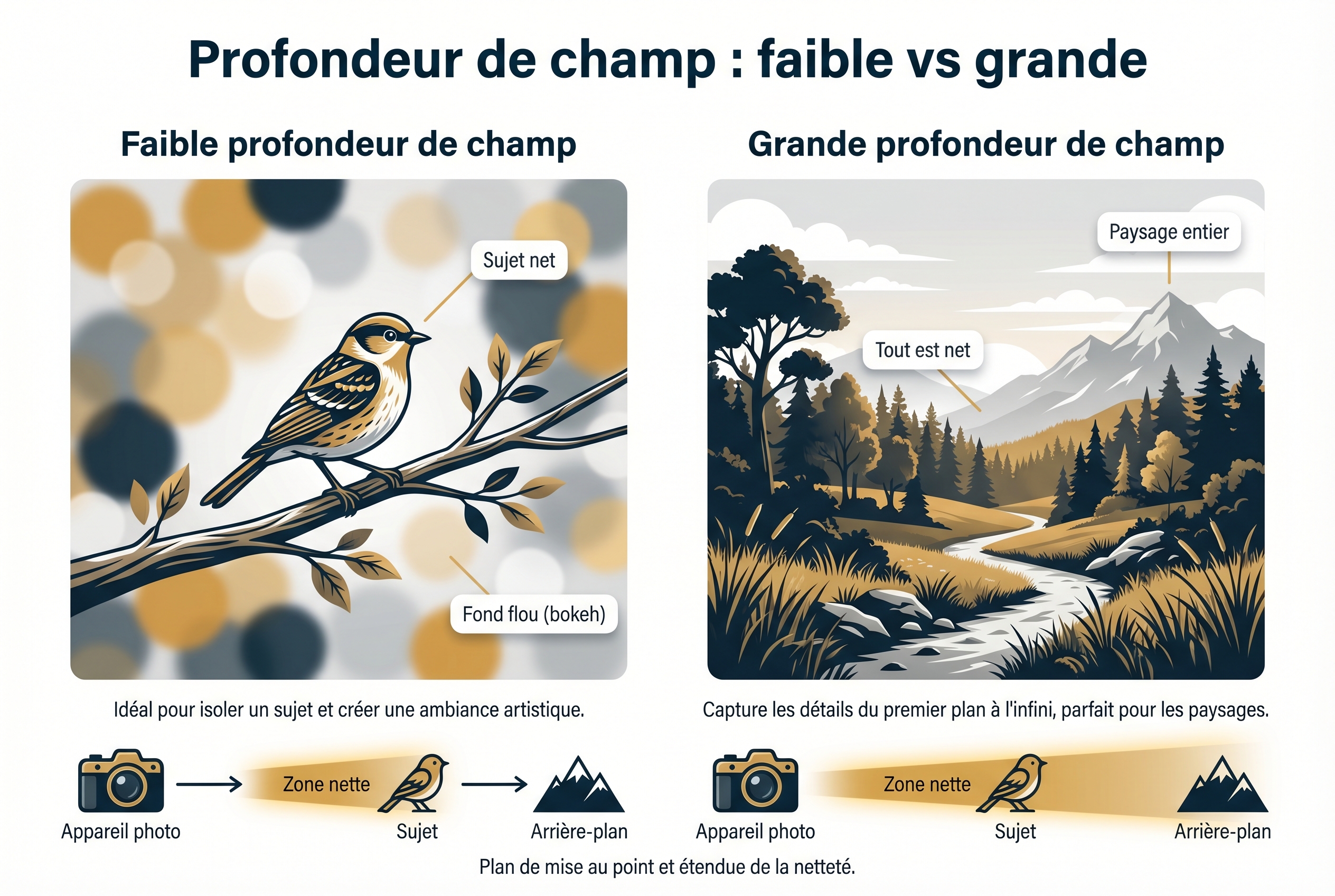 Profondeur de champ : le secret des bokeh incroyables 15 Schéma pédagogique comparant la faible profondeur de champ (oiseau avec fond flou) et la grande profondeur de champ (paysage entièrement net).