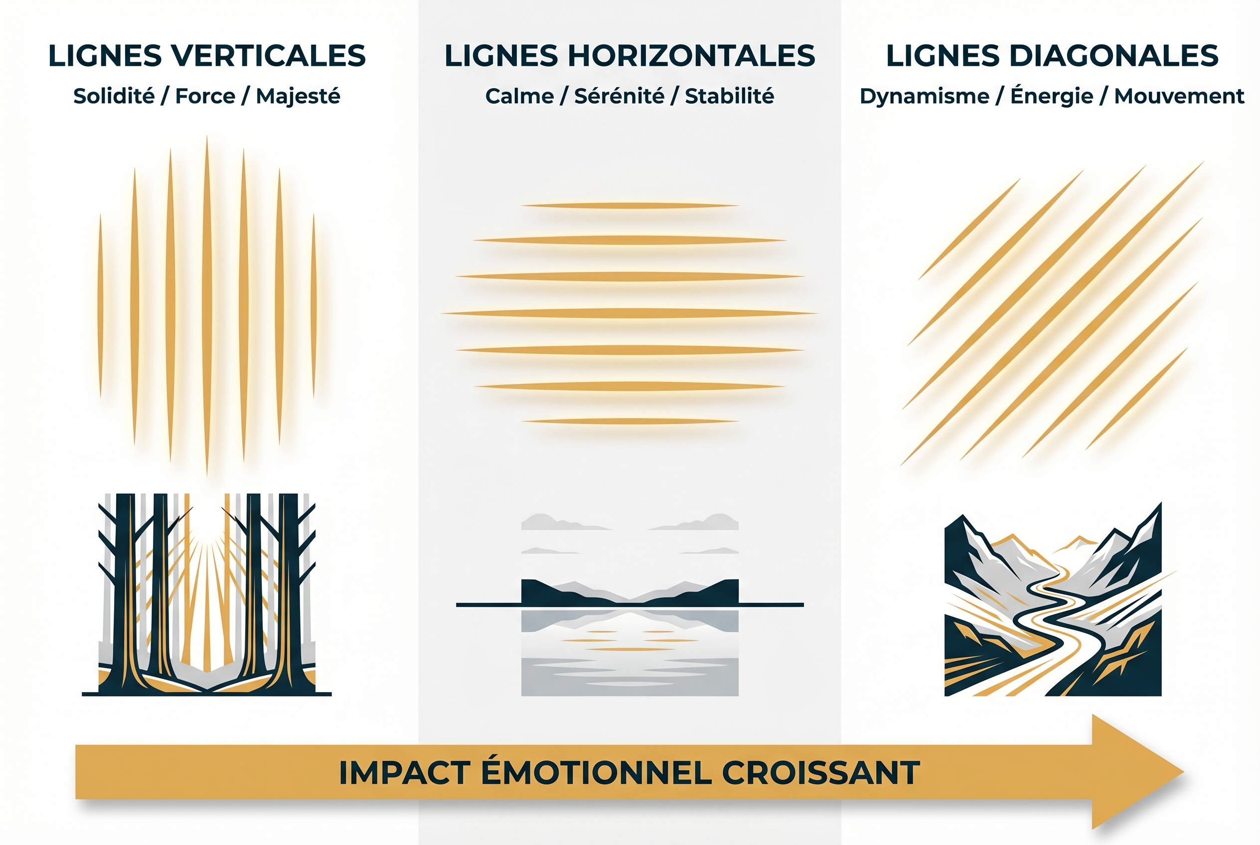 Schéma pédagogique présentant les trois types de lignes directrices en photographie : verticales pour la force, horizontales pour le calme et diagonales pour le dynamisme.