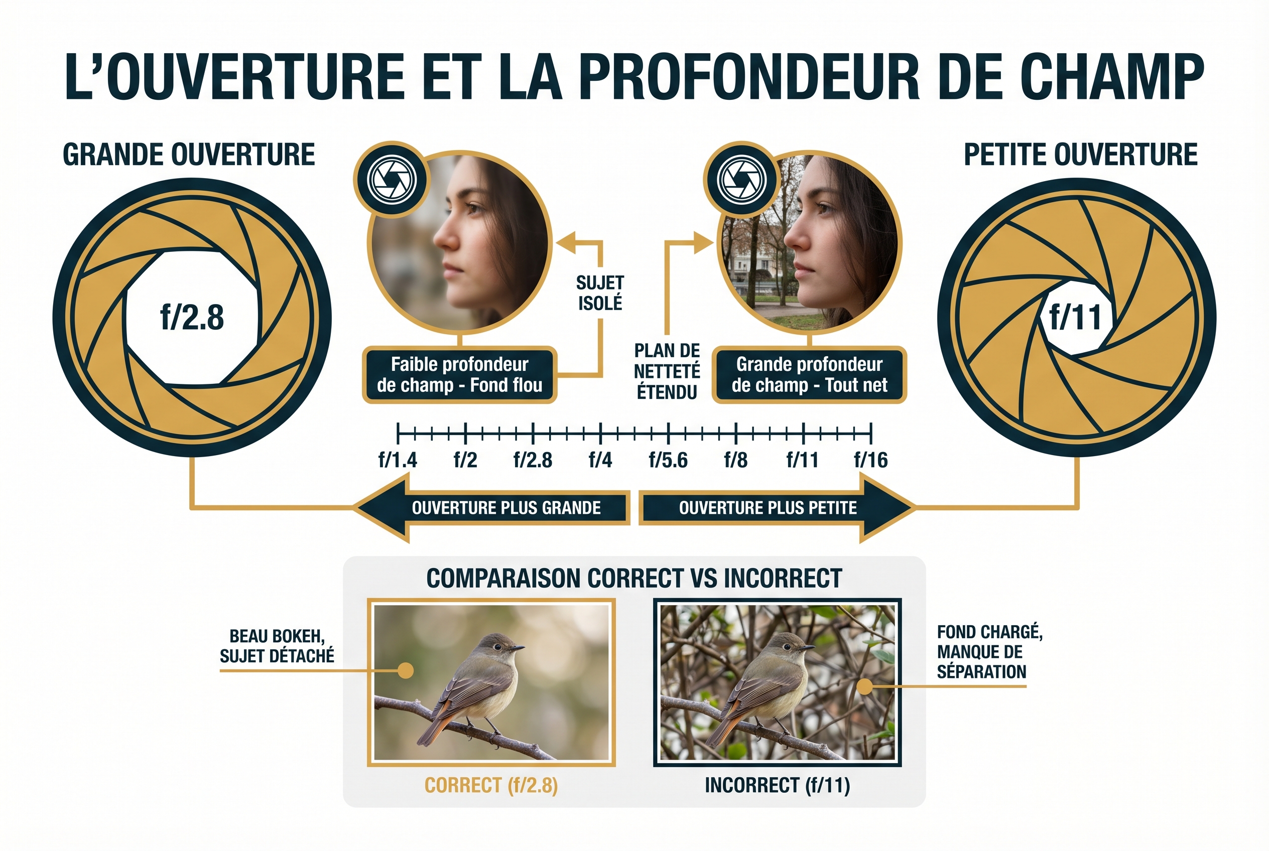 Profondeur de champ : le secret des bokeh incroyables 18 Schéma pédagogique comparant la profondeur de champ à f/2.8 et f/11 avec un exemple de portrait d'oiseau isolé sur fond flou.