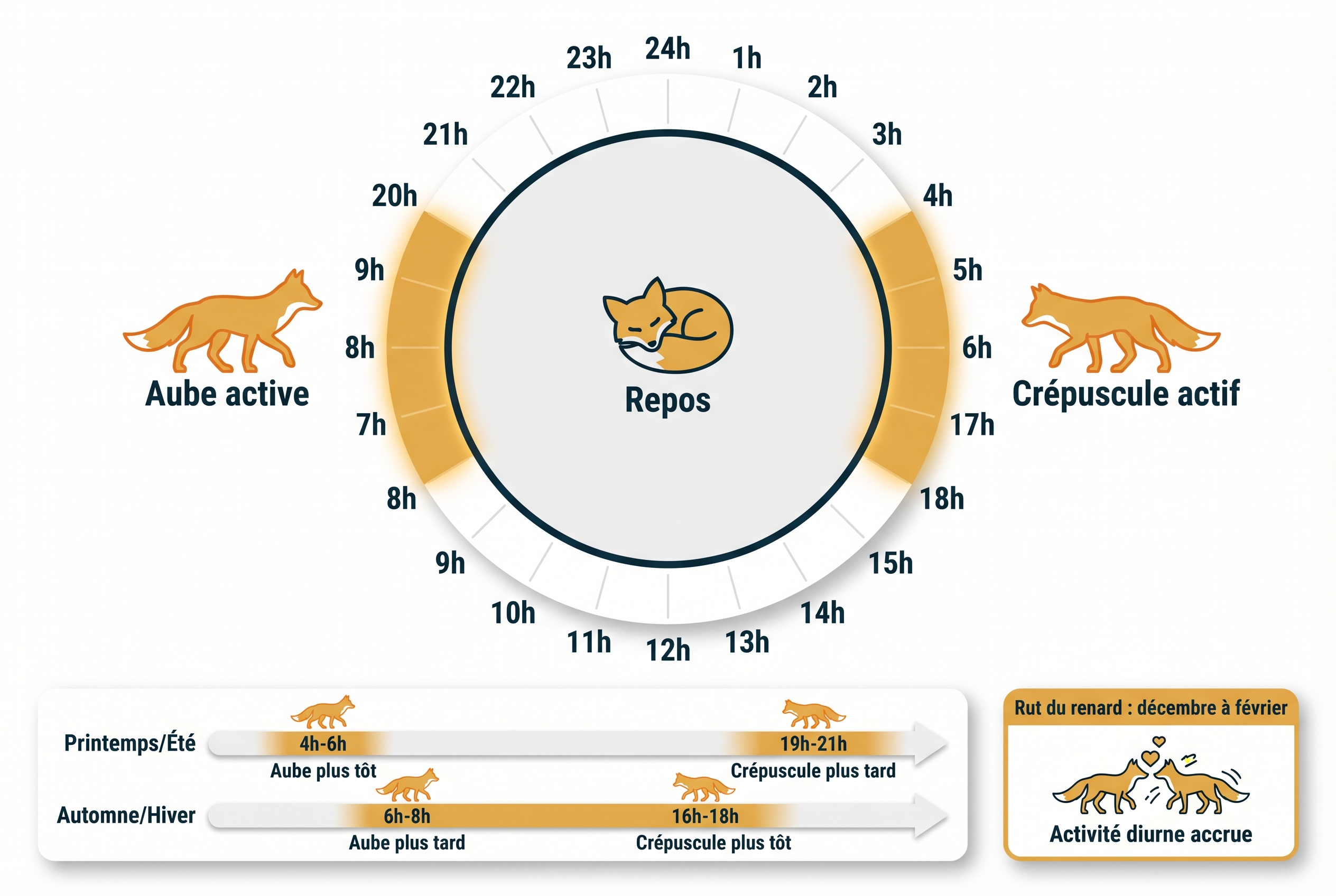 Infographie pédagogique présentant les meilleurs horaires pour photographier le renard roux : pics d'activité à l'aube et au crépuscule selon les saisons.