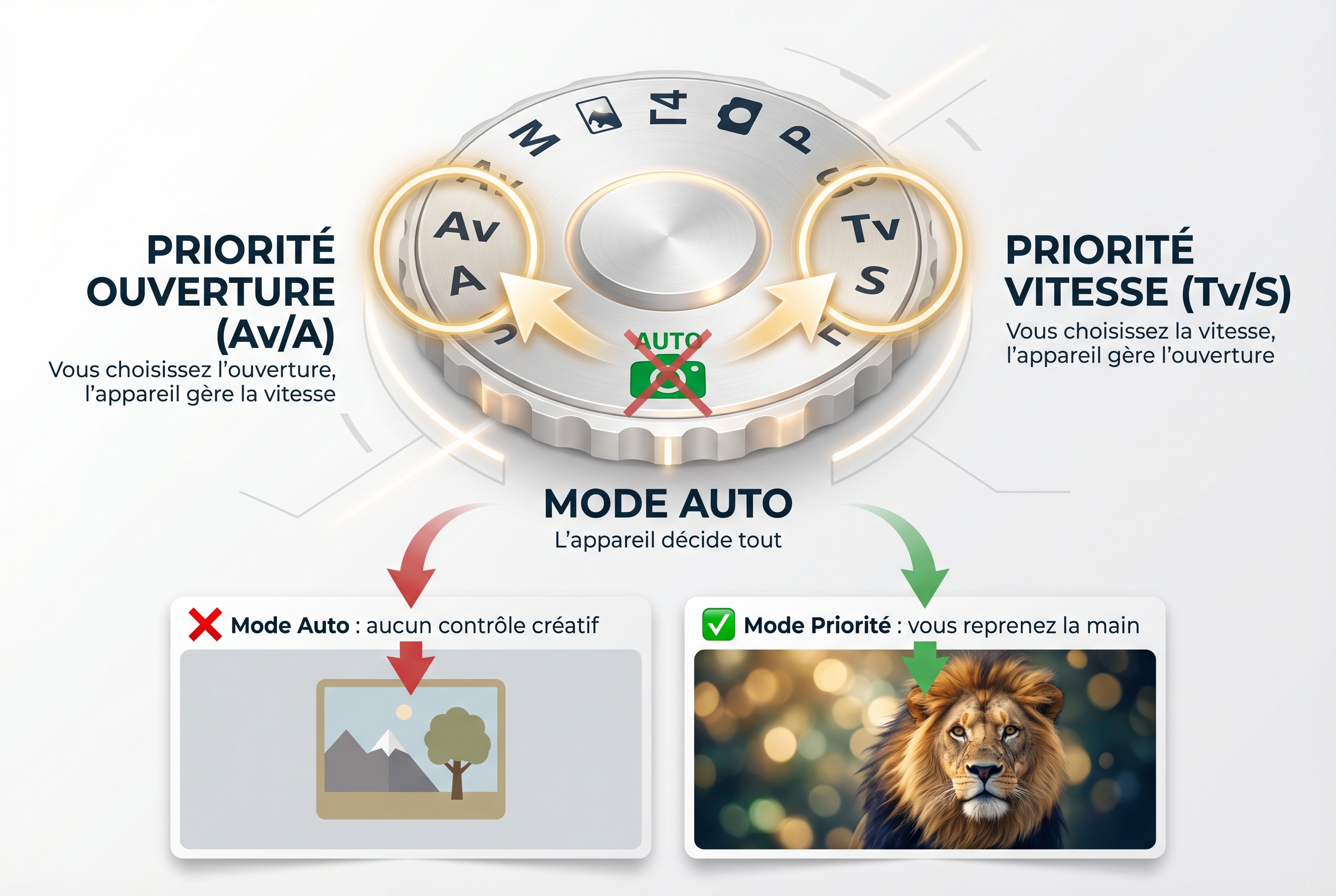 Schéma explicatif pour apprendre la photo montrant le passage du mode automatique aux modes priorité ouverture (Av) et vitesse (Tv) sur une molette d'appareil.
