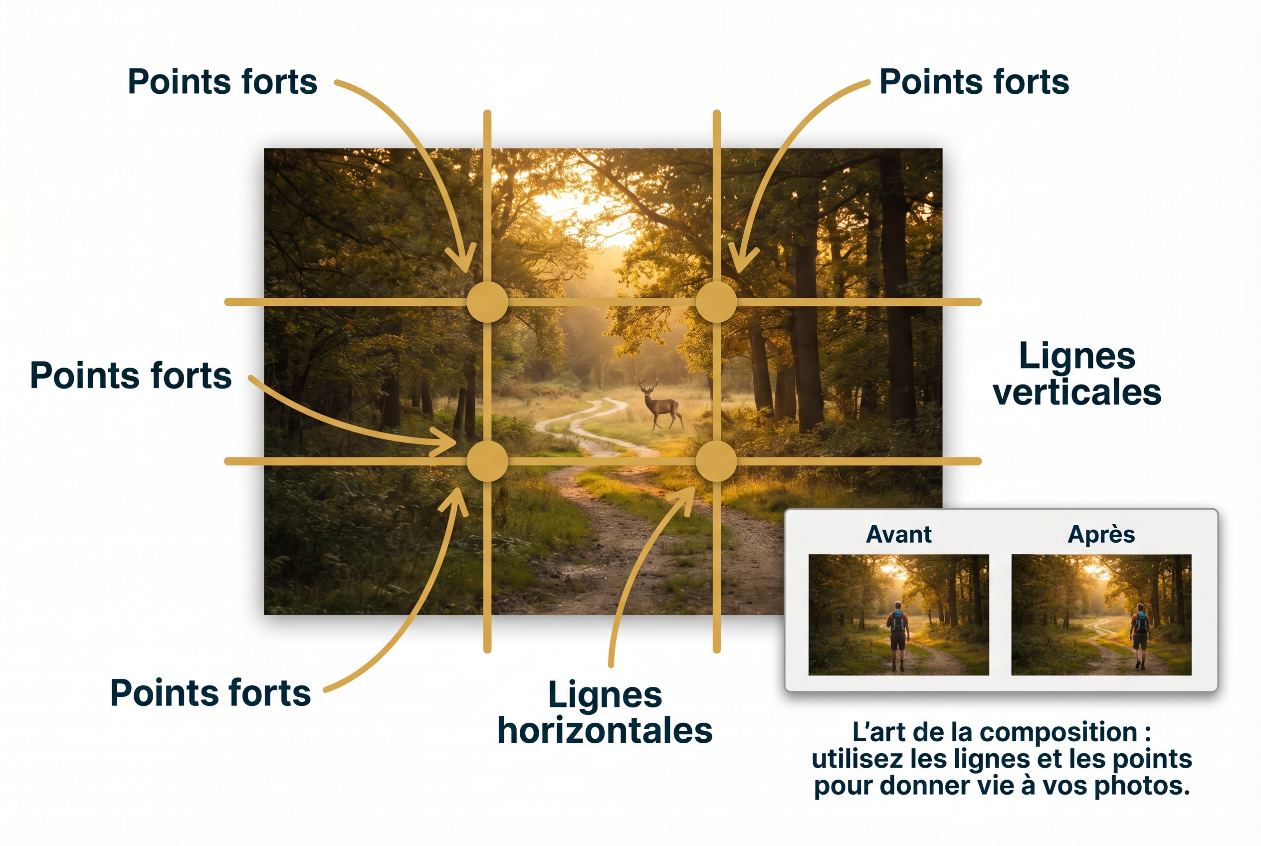 Illustration pédagogique expliquant la règle des tiers avec une grille dorée 3x3 sur une photo de forêt, mettant en évidence les points forts et les lignes de force pour la composition.