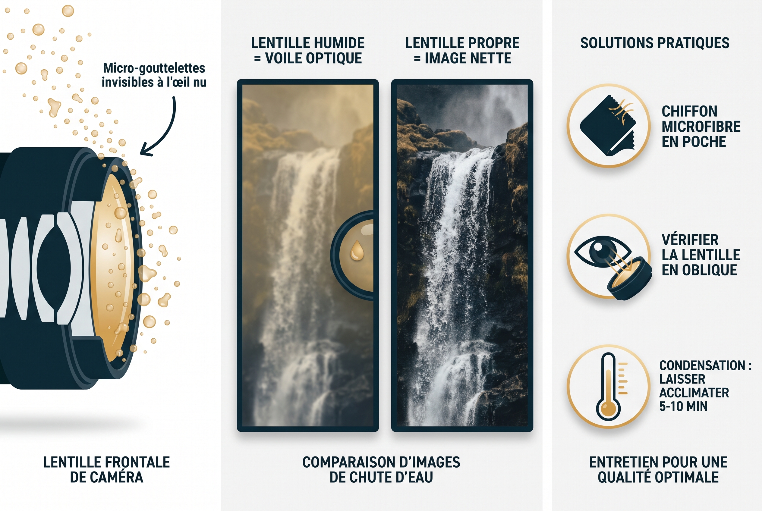 Illustration pédagogique expliquant comment éviter les micro-gouttelettes et la condensation sur l'objectif pour réussir à photographier une cascade avec une netteté parfaite.