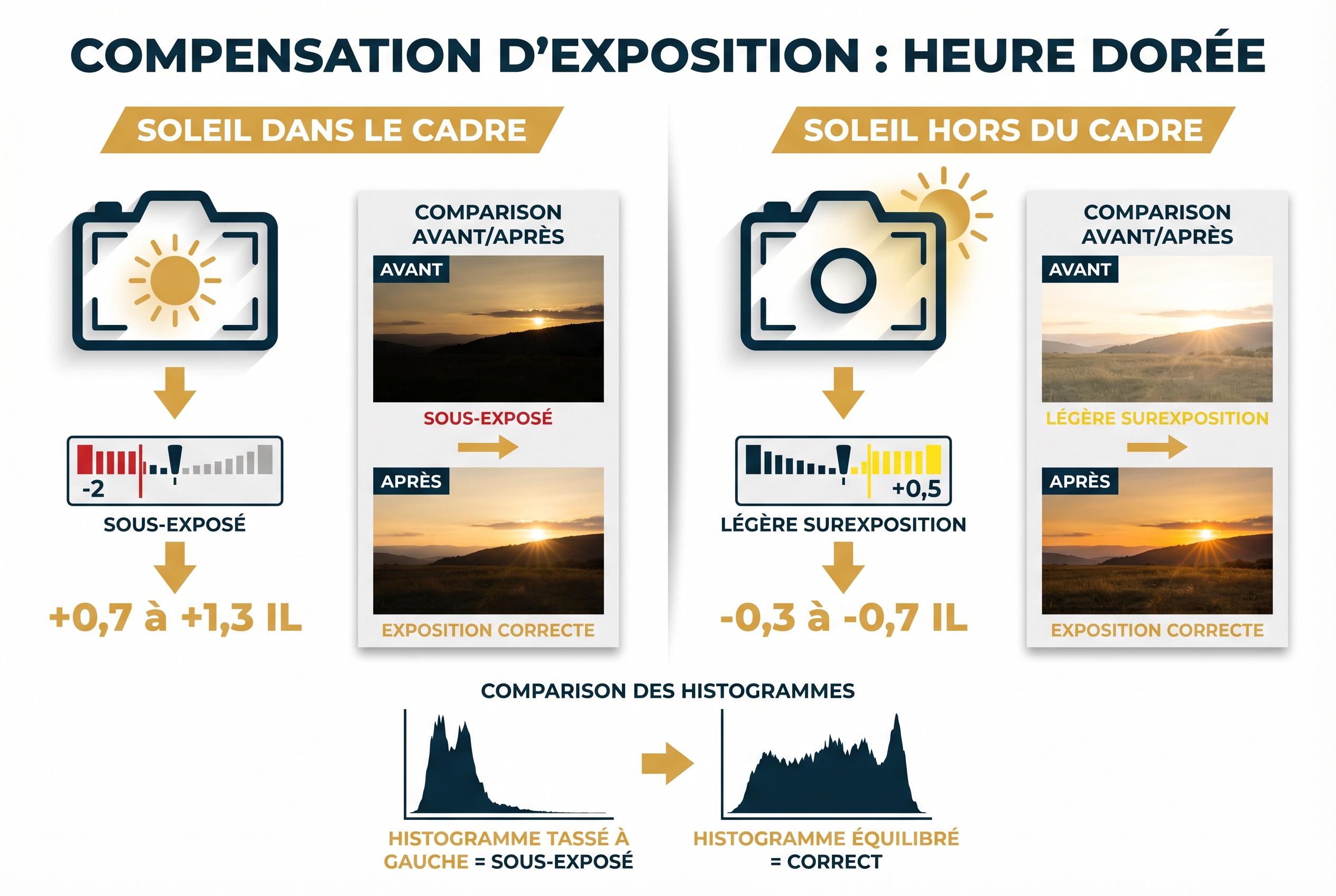 Golden-hour : comment (bien) la photographier 26 Infographie pédagogique expliquant la correction d'exposition à l'heure dorée : réglages IL pour le soleil dans le cadre (+0,7 à +1,3) versus hors du cadre (-0,3 à -0,7) et lecture de l'histogramme.
