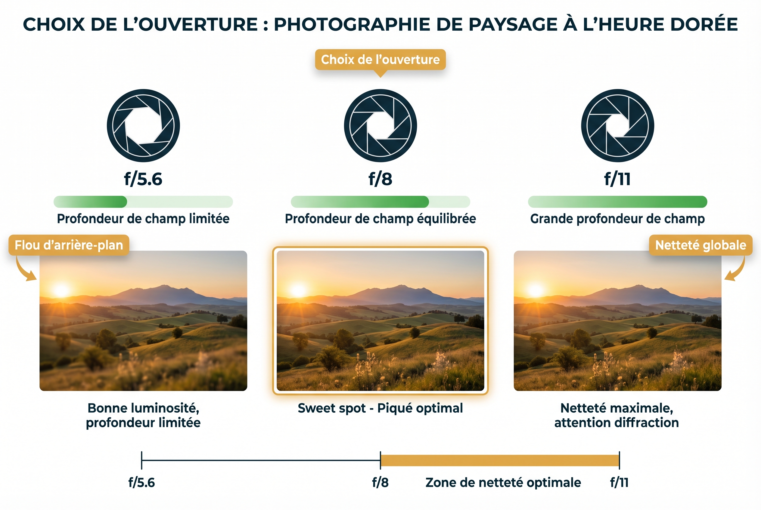Golden-hour : comment (bien) la photographier 20 Illustration pédagogique expliquant comment choisir l'ouverture du diaphragme (f/5.6, f/8, f/11) pour la photo de paysage à l'heure dorée.