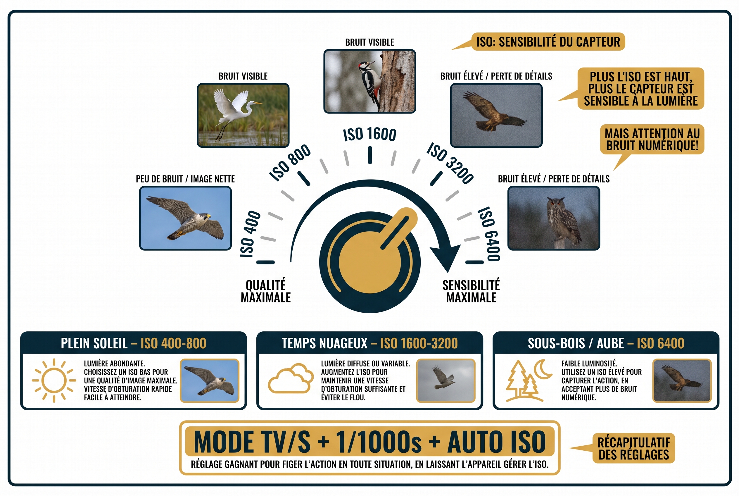 Comment photographier des oiseaux : le guide complet 20 Illustration pédagogique expliquant le triangle ISO pour photographier des oiseaux : réglages conseillés de ISO 400 à 6400 selon la luminosité.