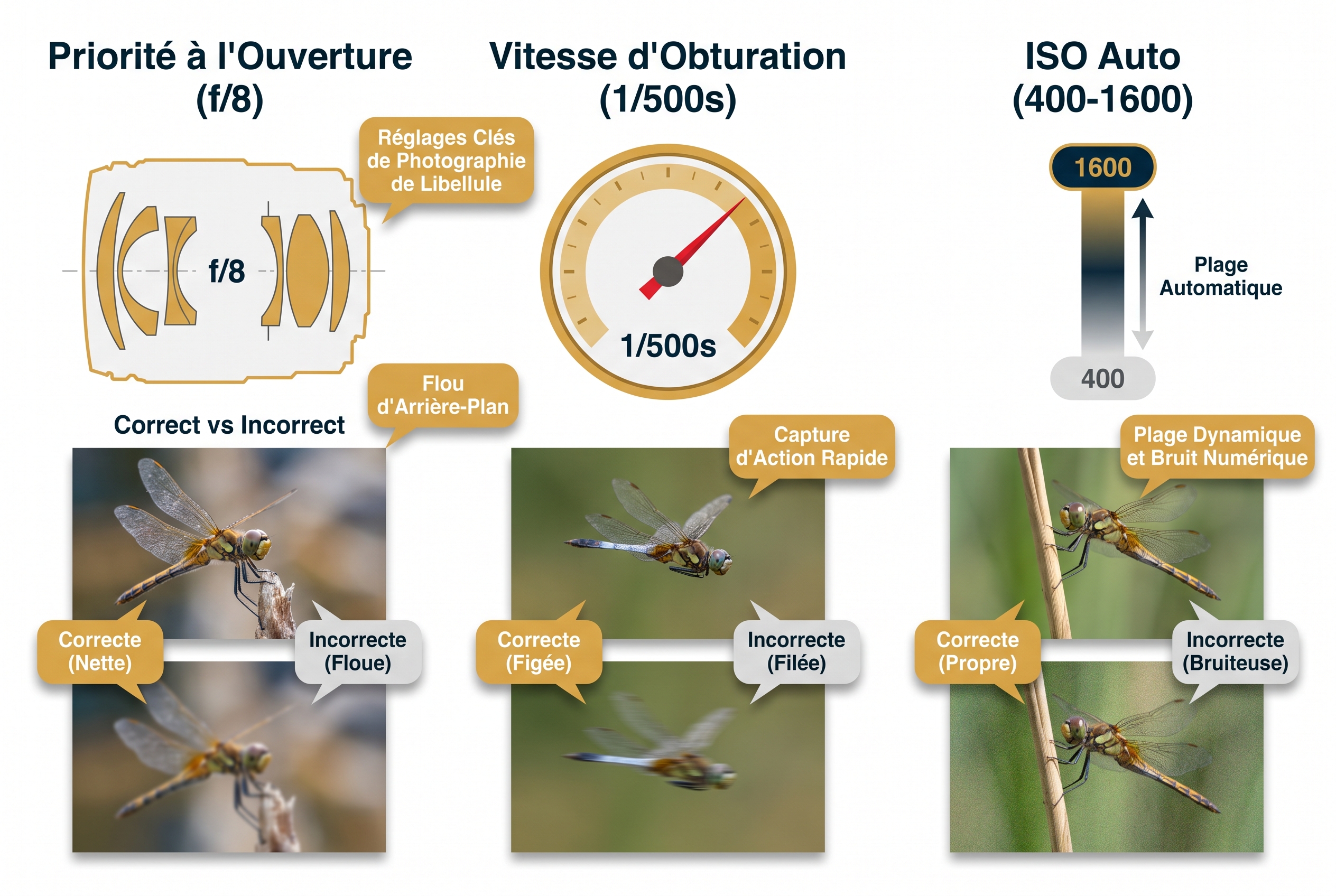 Infographie pédagogique expliquant les réglages pour photographier les libellules : ouverture f/8, vitesse 1/500s et ISO auto, avec comparaison net vs flou.