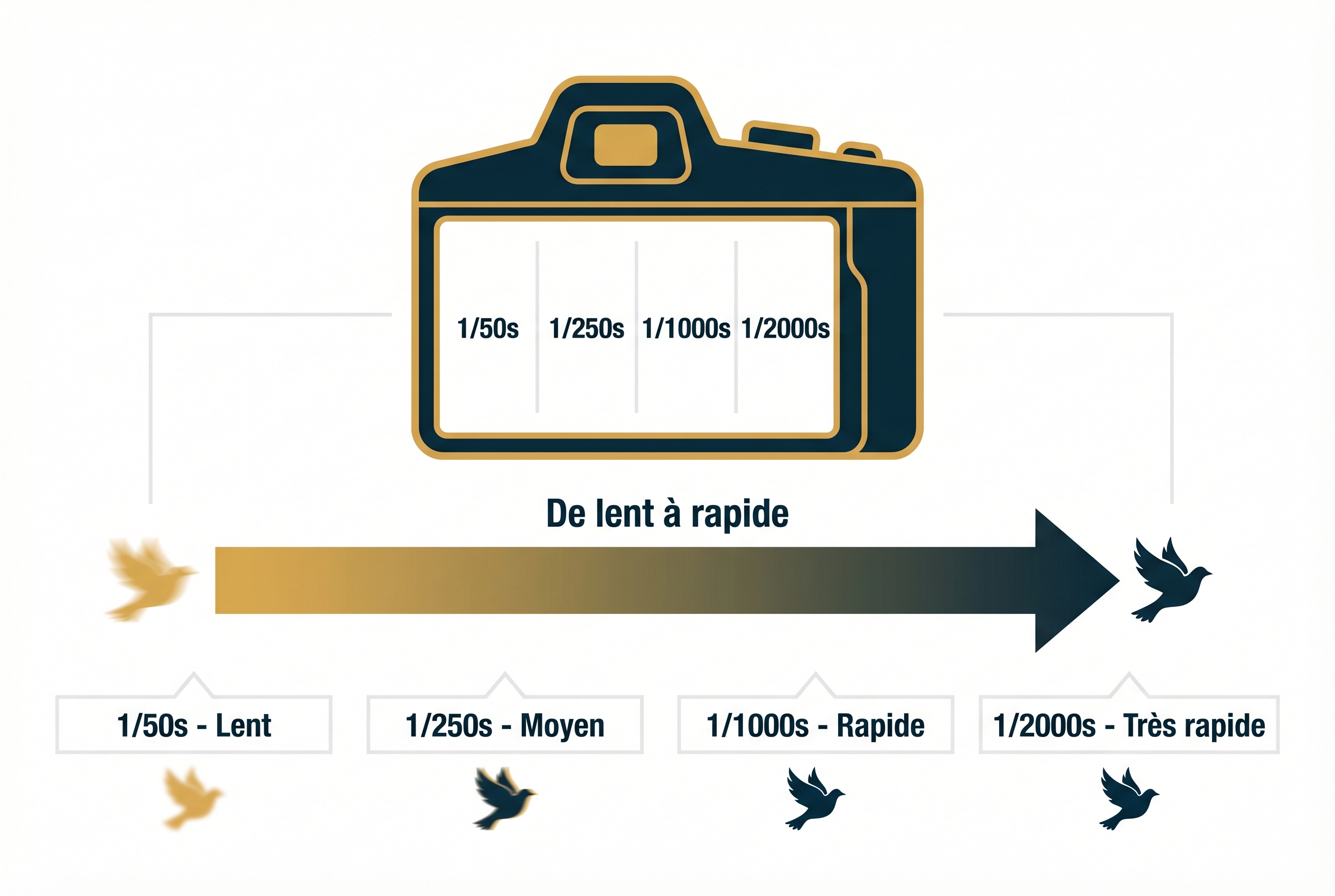 Infographie pédagogique expliquant la vitesse d'obturation avec une échelle allant de 1/50s à 1/2000s et l'effet sur la netteté d'un oiseau en vol.