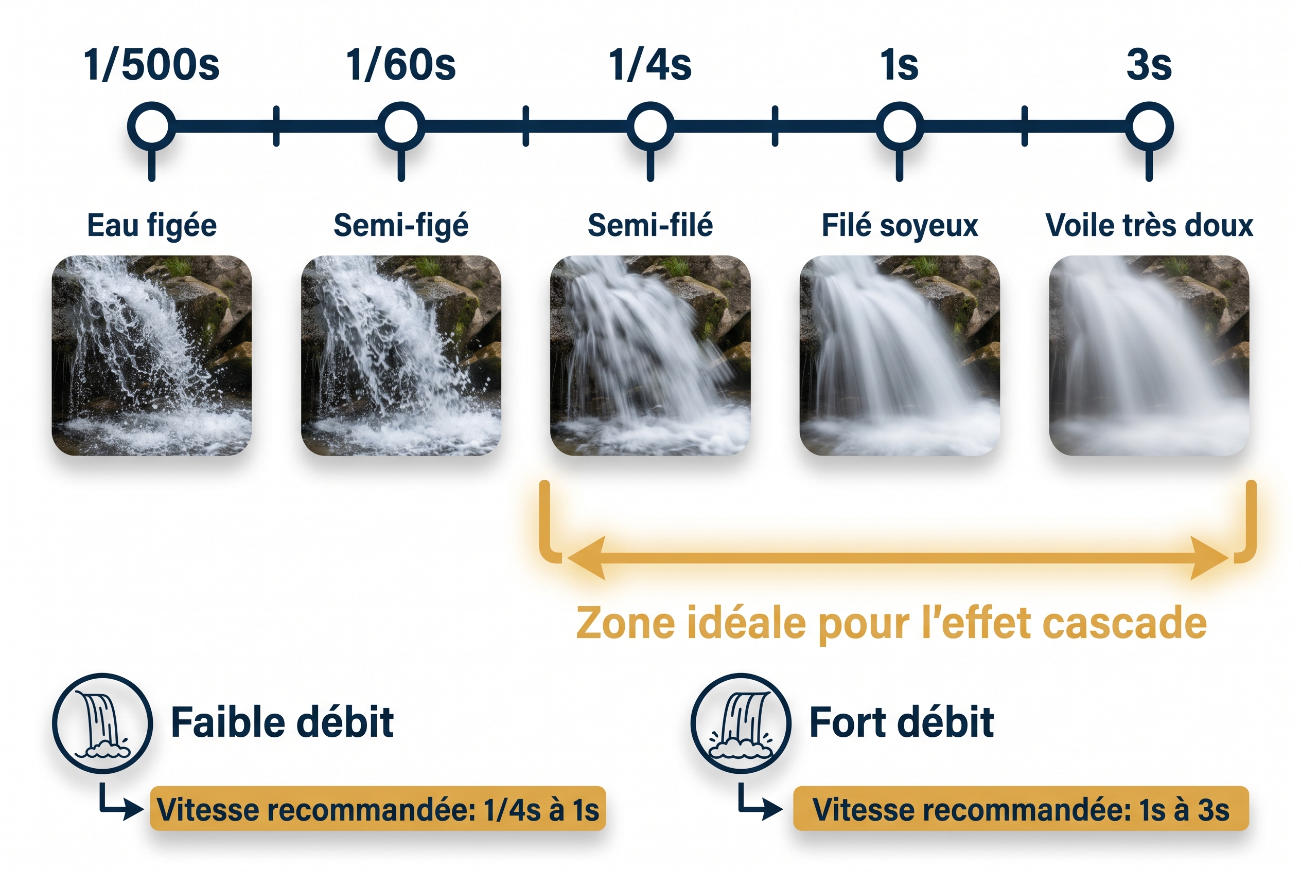 Infographie pédagogique comparant les vitesses d'obturation pour photographier une cascade, de l'eau figée à 1/500s jusqu'à l'effet d'eau soyeuse à 3s.