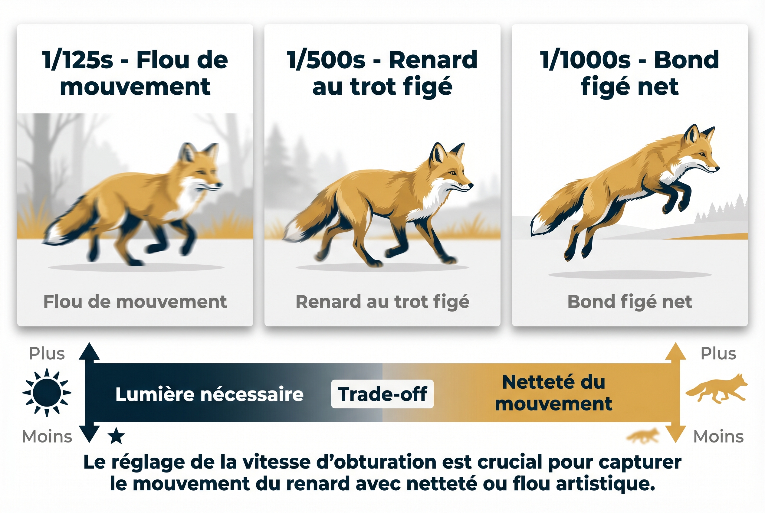 Infographie comparative montrant trois réglages de vitesse d'obturation pour photographier le renard roux : 1/125s (flou), 1/500s (trot figé) et 1/1000s (bond net).