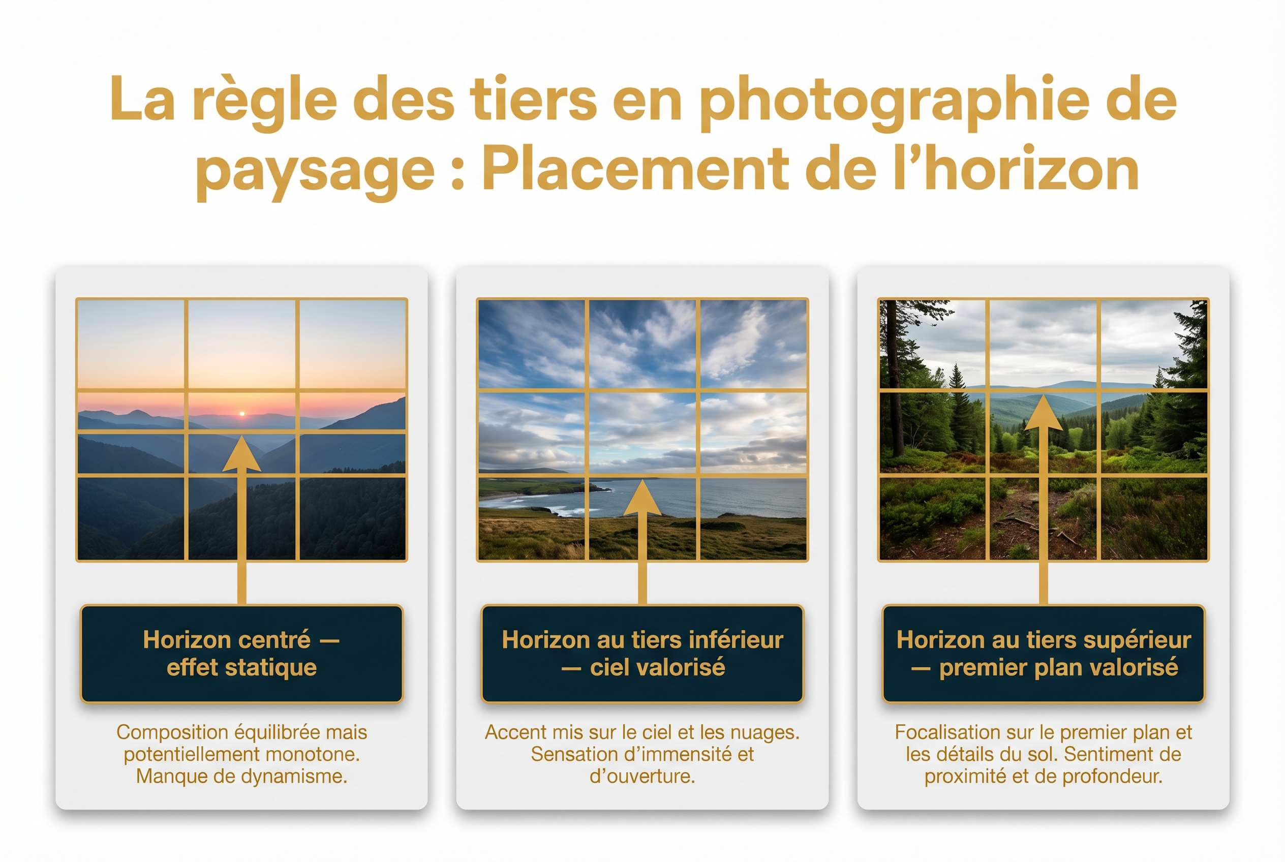 Infographie pédagogique illustrant la règle des tiers appliquée au placement de l'horizon en photographie de paysage : comparaison entre horizon centré, tiers inférieur et tiers supérieur.