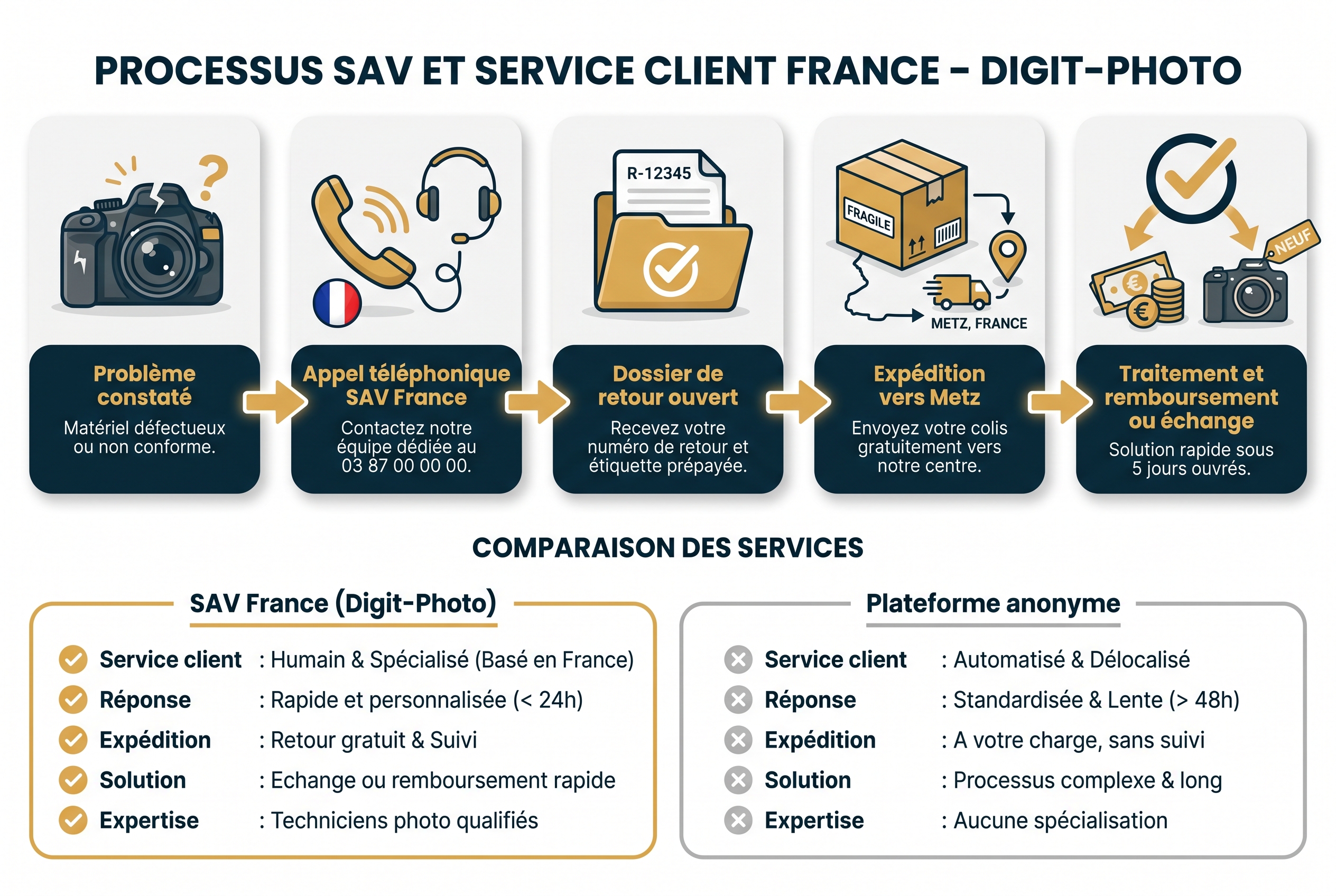 Illustration du processus SAV Digit-Photo : étapes de retour, expertise à Metz et accompagnement client pour garantir la fiabilité de l'achat.