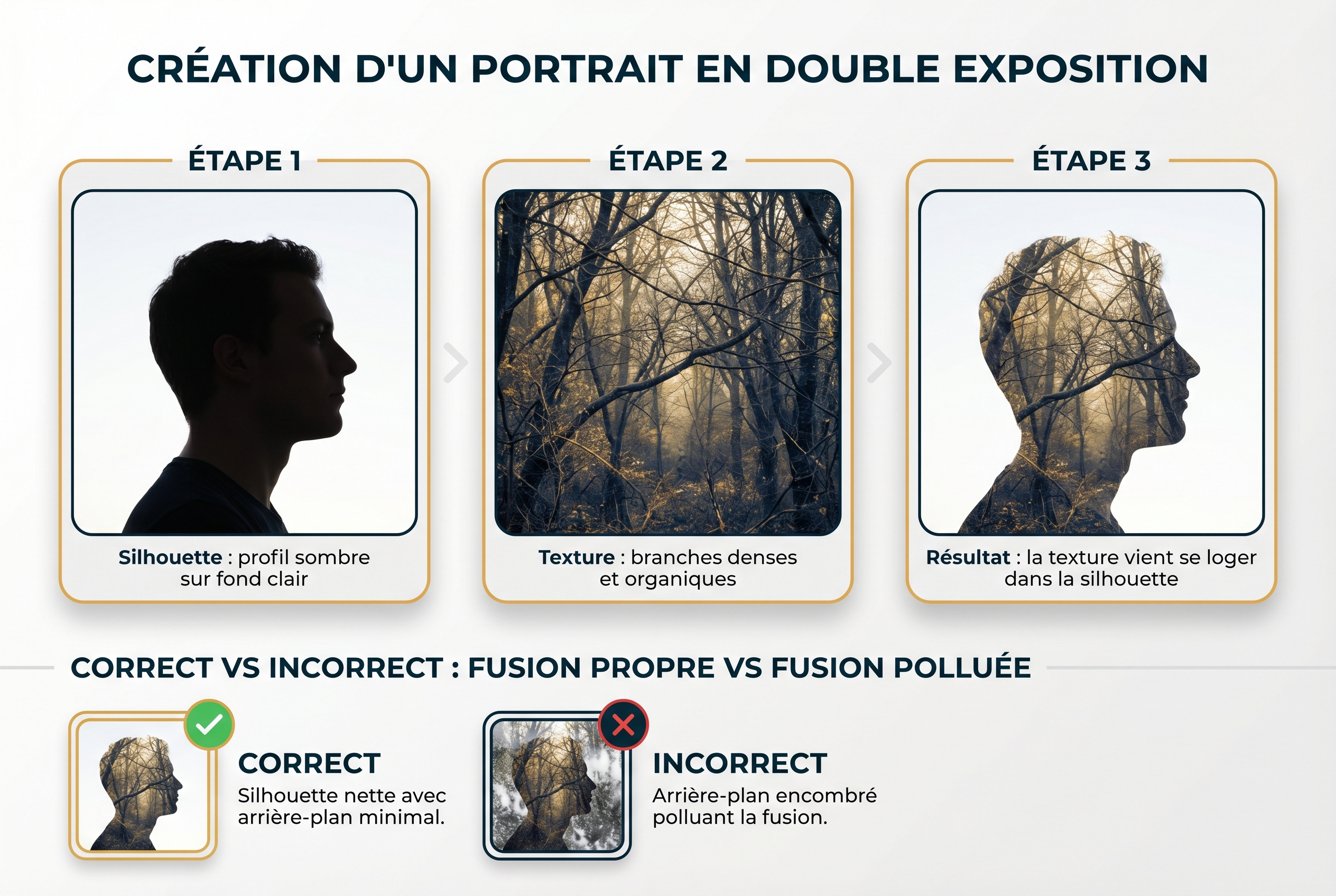 Illustration pédagogique montrant les 3 étapes de la double exposition : silhouette de profil, texture de forêt et résultat de la fusion.
