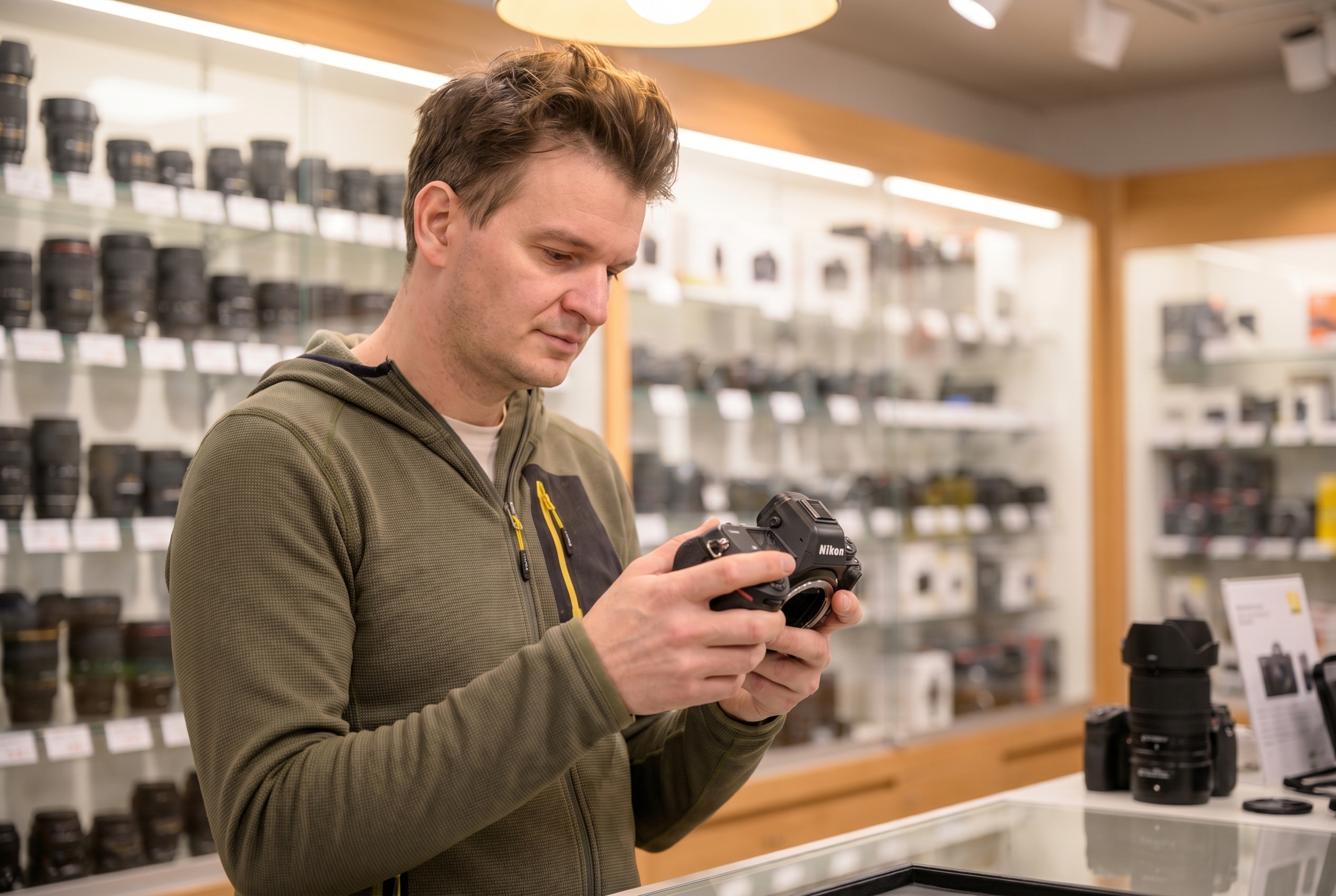 Quel est le meilleur site d'occasion photo ? Le guide pour acheter sans risque 18 Un photographe naturaliste examine un appareil photo hybride d'occasion en boutique pour identifier le meilleur site d'occasion photo sans risque.