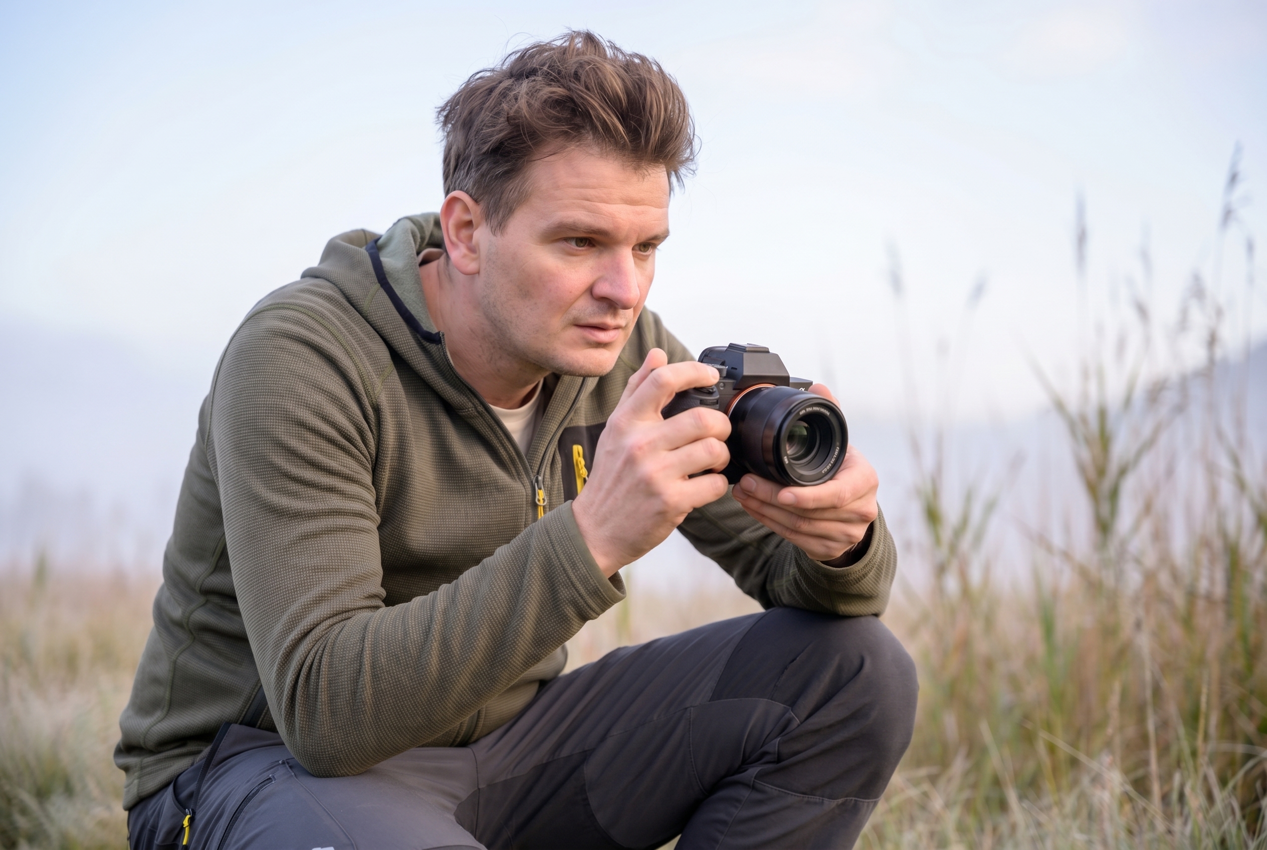 Quel est le meilleur site d'occasion photo ? Le guide pour acheter sans risque 23 Photographe naturaliste inspectant avec précaution la monture d'un boîtier hybride d'occasion lors d'une matinée brumeuse pour vérifier l'état du capteur.