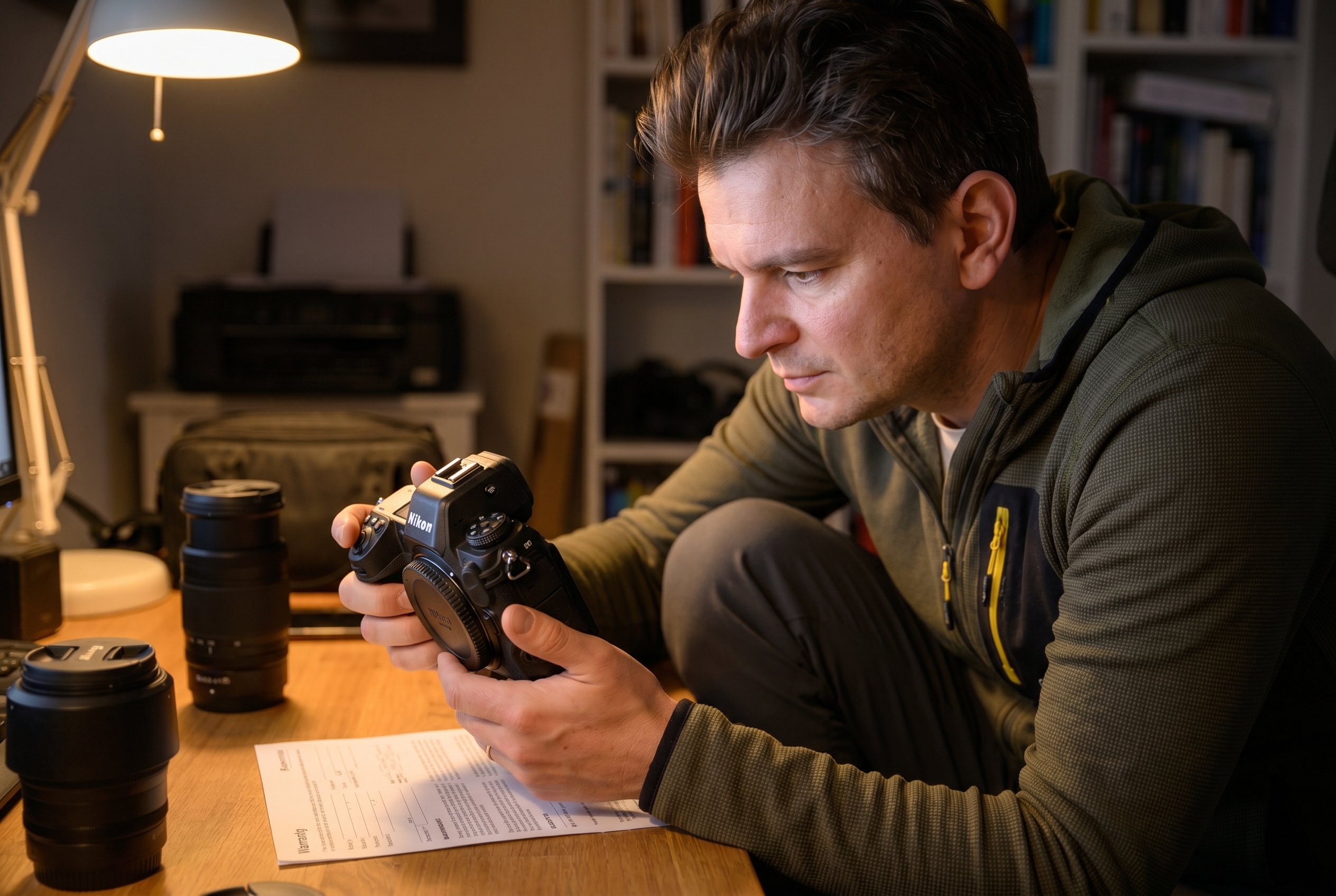 Quel est le meilleur site d'occasion photo ? Le guide pour acheter sans risque 14 Photographe naturaliste examinant un appareil photo hybride d'occasion avec ses documents de garantie sur un bureau.