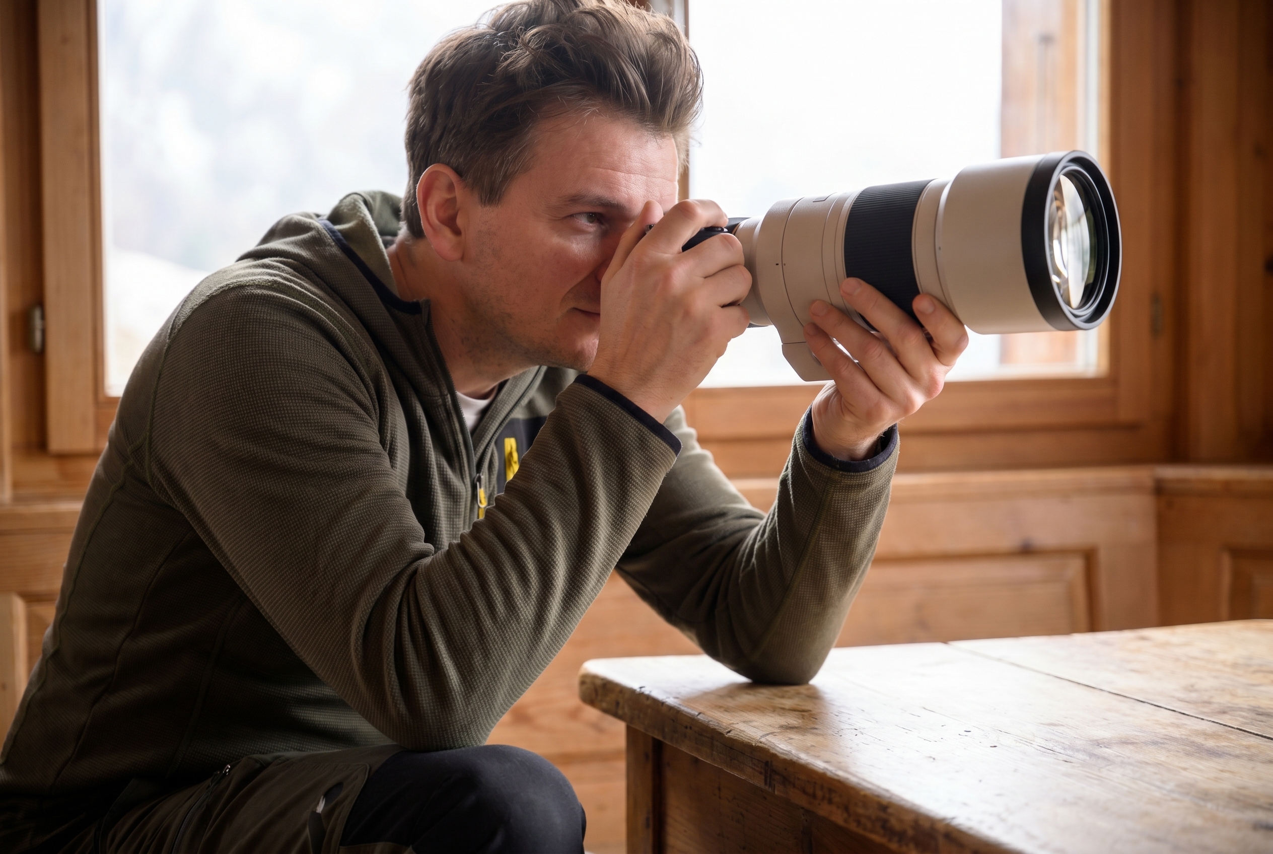 Quel est le meilleur site d'occasion photo ? Le guide pour acheter sans risque 27 Photographe inspectant minutieusement les lentilles d'un téléobjectif blanc d'occasion pour vérifier l'absence de poussières ou de rayures.