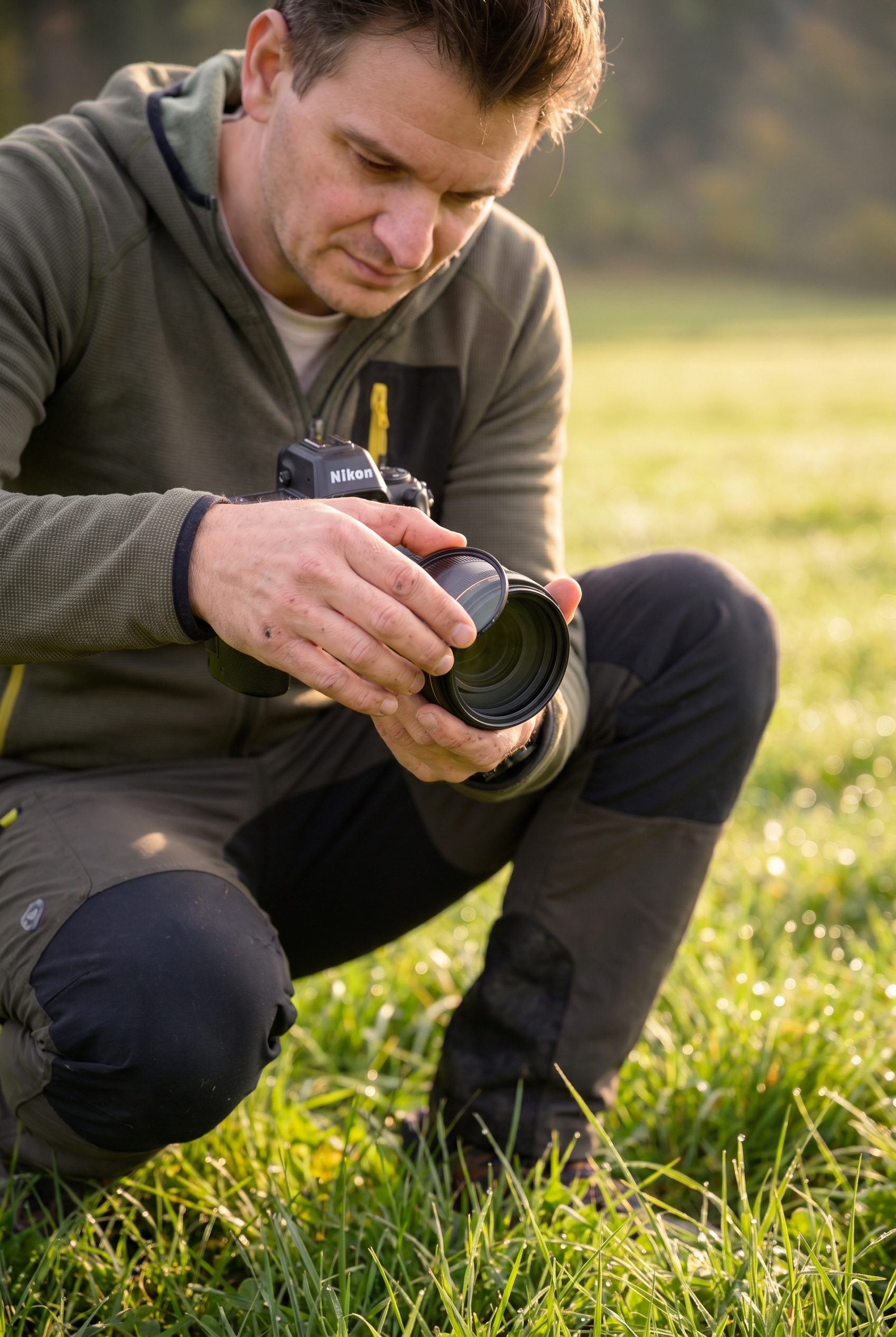 Photographe naturaliste vissant une bonnette macro sur son objectif photo dans une prairie au lever du soleil.