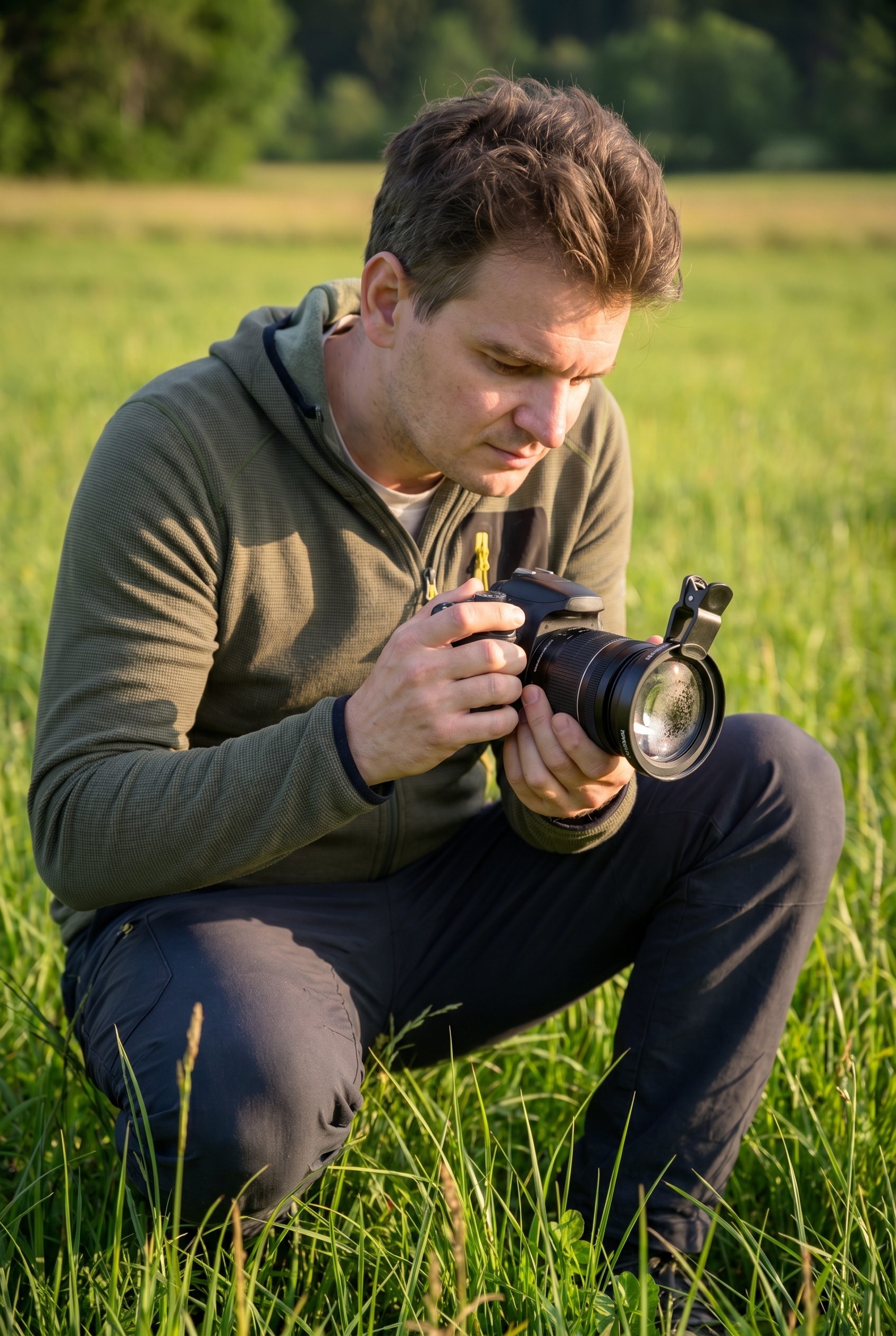 Photographe naturaliste fixant une bonnette macro Raynox sur l'objectif de son appareil photo dans une prairie pour faire de la macrophotographie.