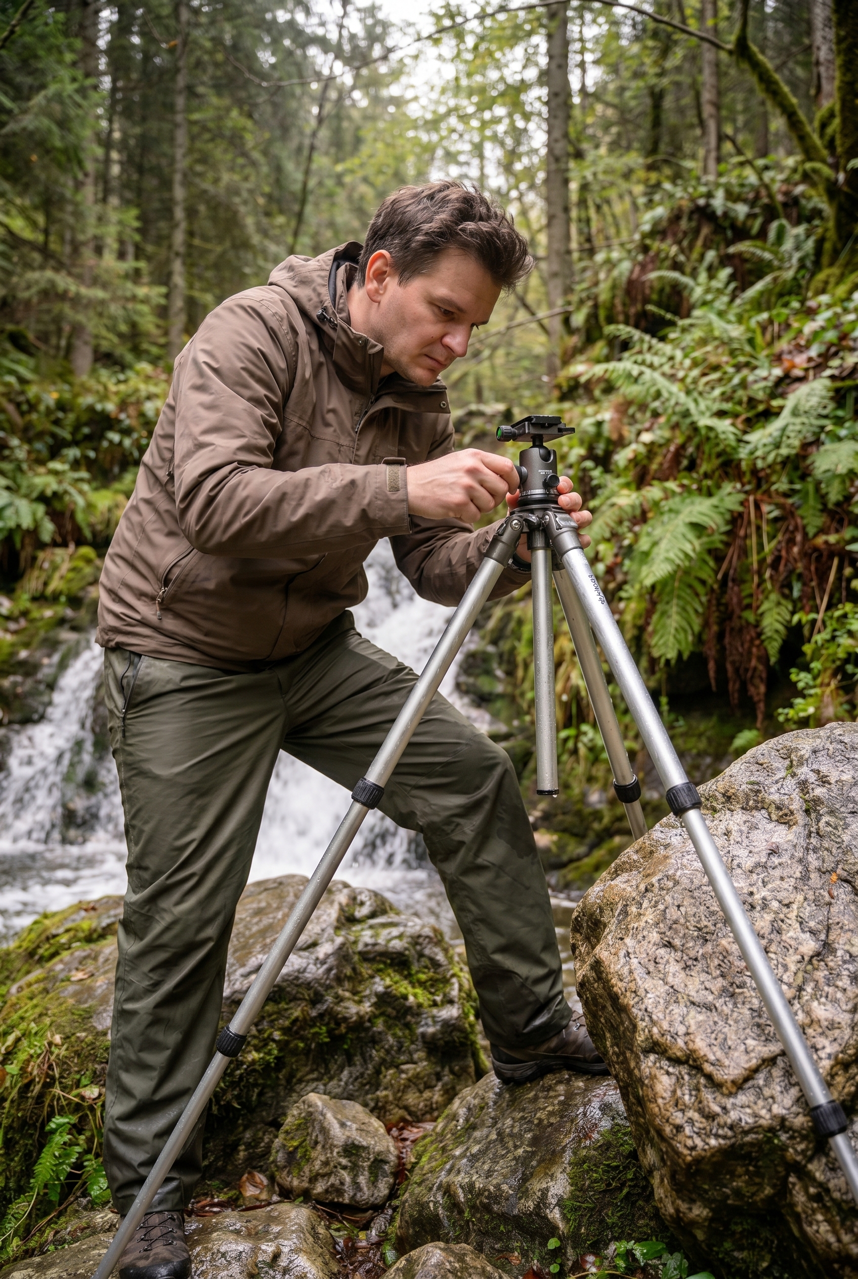 Photographe naturaliste installant son trépied sur des rochers moussus pour photographier une cascade en forêt avec un effet d'eau soyeuse.