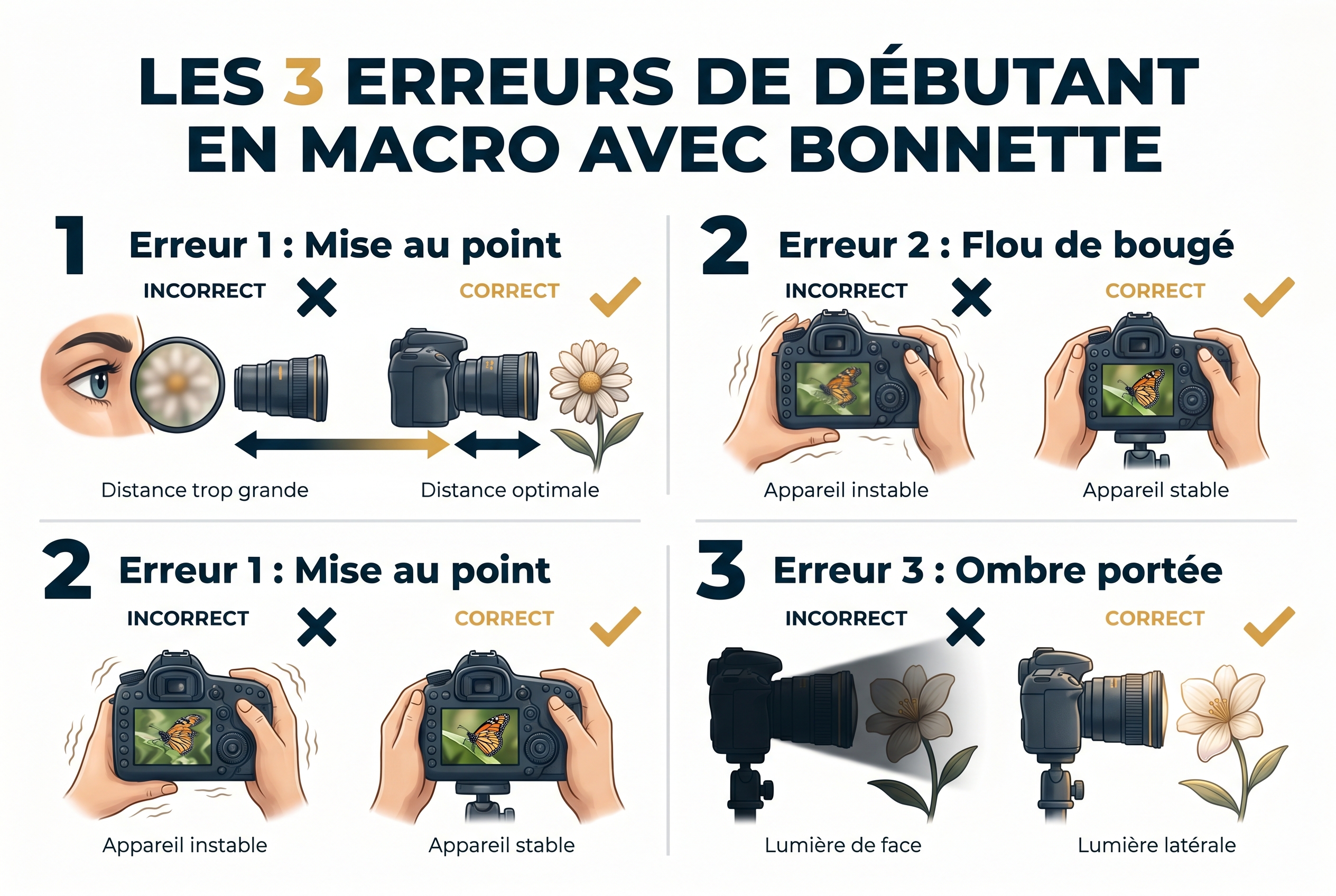 Infographie pédagogique illustrant les erreurs courantes avec une bonnette macro : distance de mise au point, flou de bougé et ombres portées.