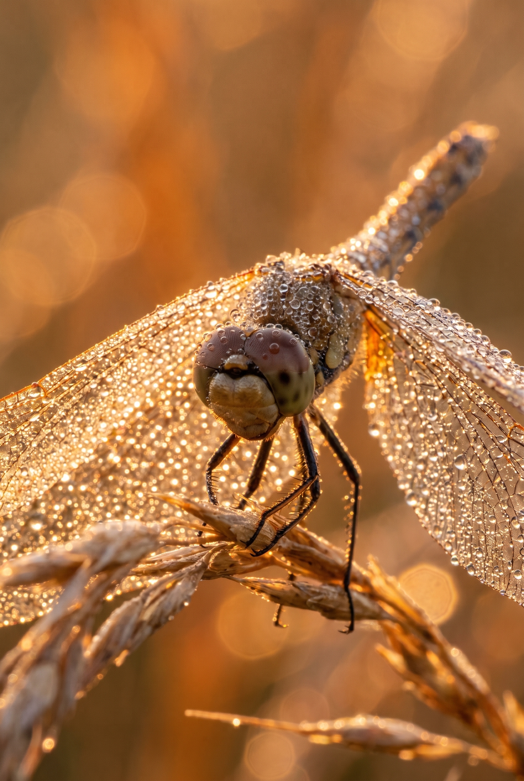 Gros plan macro d'une libellule commune couverte de gouttes de rosée au lever du soleil, illustrant la netteté indispensable pour photographier les insectes.