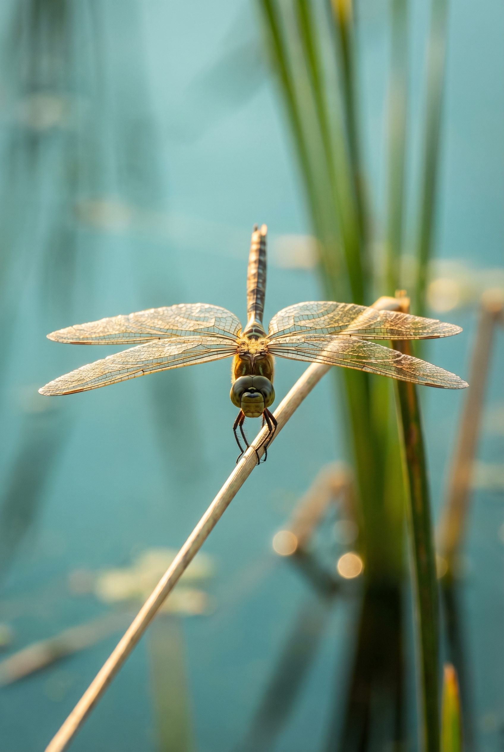Libellule empereur posée sur un roseau en bord d'étang, exemple de proxiphotographie réussie avec un bel arrière-plan flou.