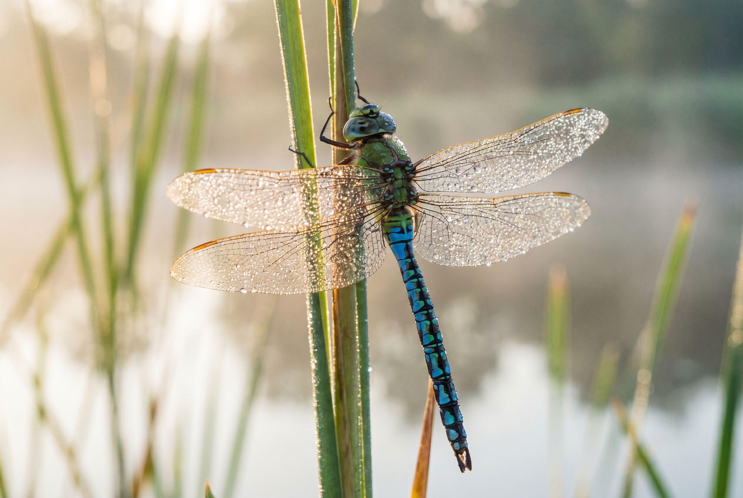Gros plan macro d'une libellule empereur bleue couverte de rosée sur un roseau à l'aube, illustrant comment photographier les libellules au repos.