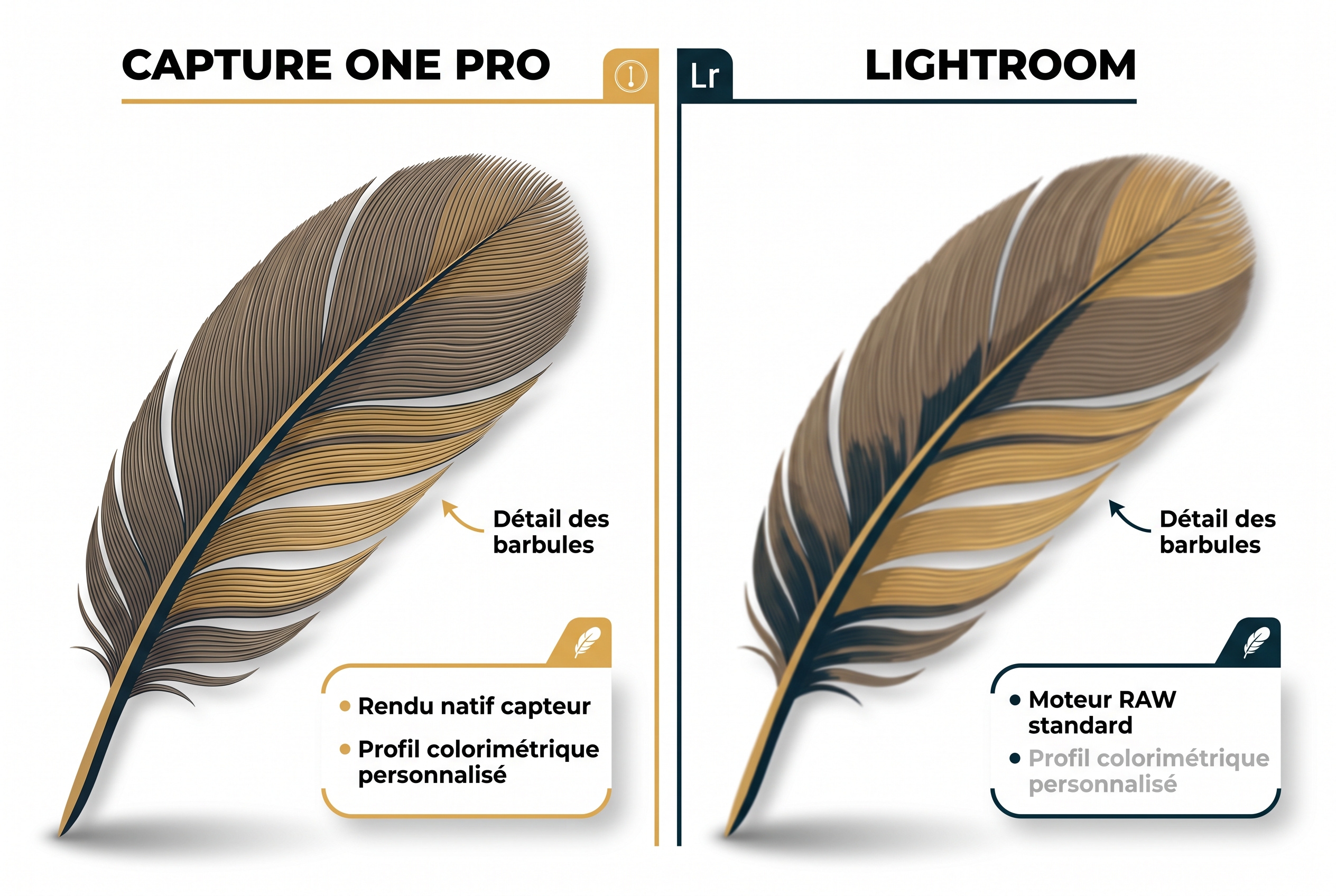 Lightroom vs Capture One : le comparatif simple pour ne plus se tromper de logiciel 19 Comparatif de rendu RAW entre Lightroom et Capture One sur les détails d'une plume d'oiseau en photographie animalière.
