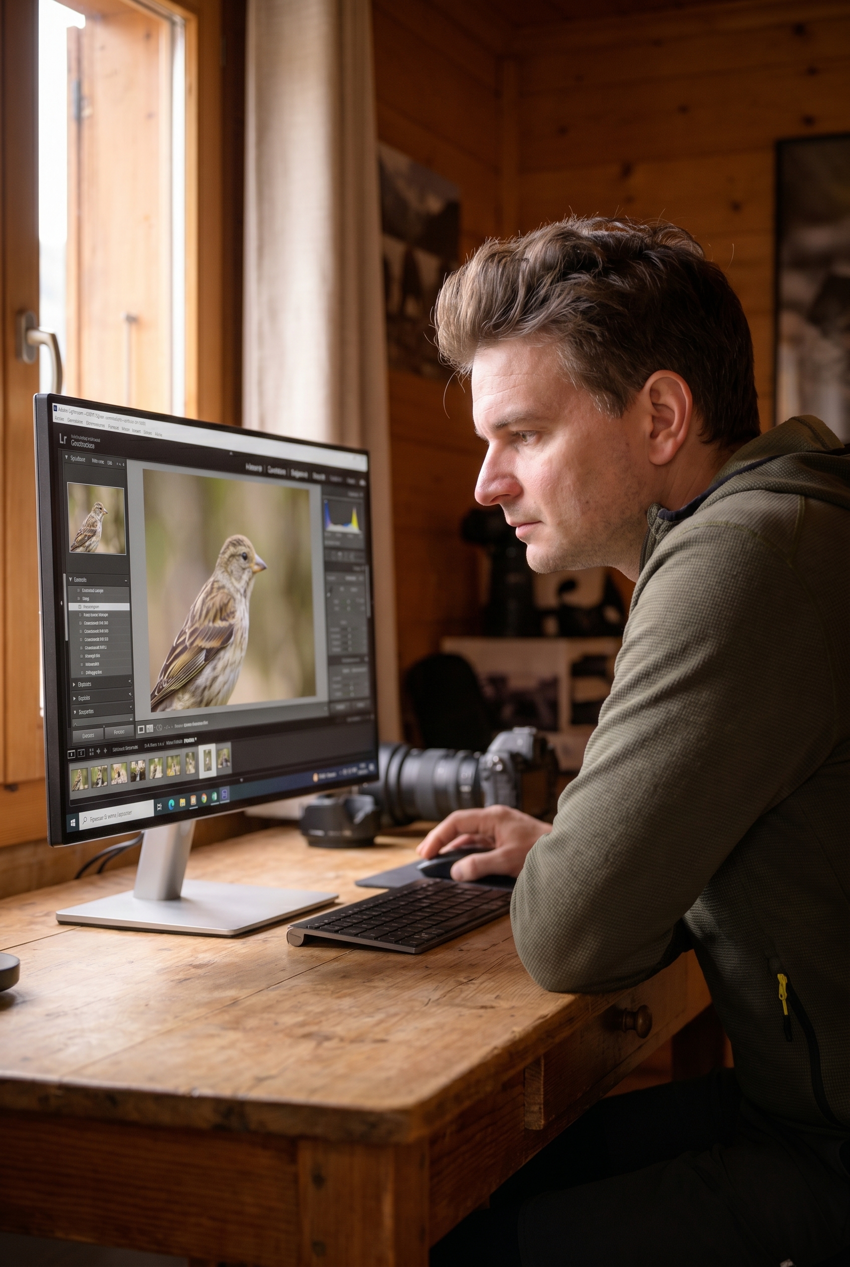Lightroom vs Capture One : le comparatif simple pour ne plus se tromper de logiciel 22 Photographe de nature devant son écran comparant Lightroom vs Capture One pour la retouche d'une photo d'oiseau.