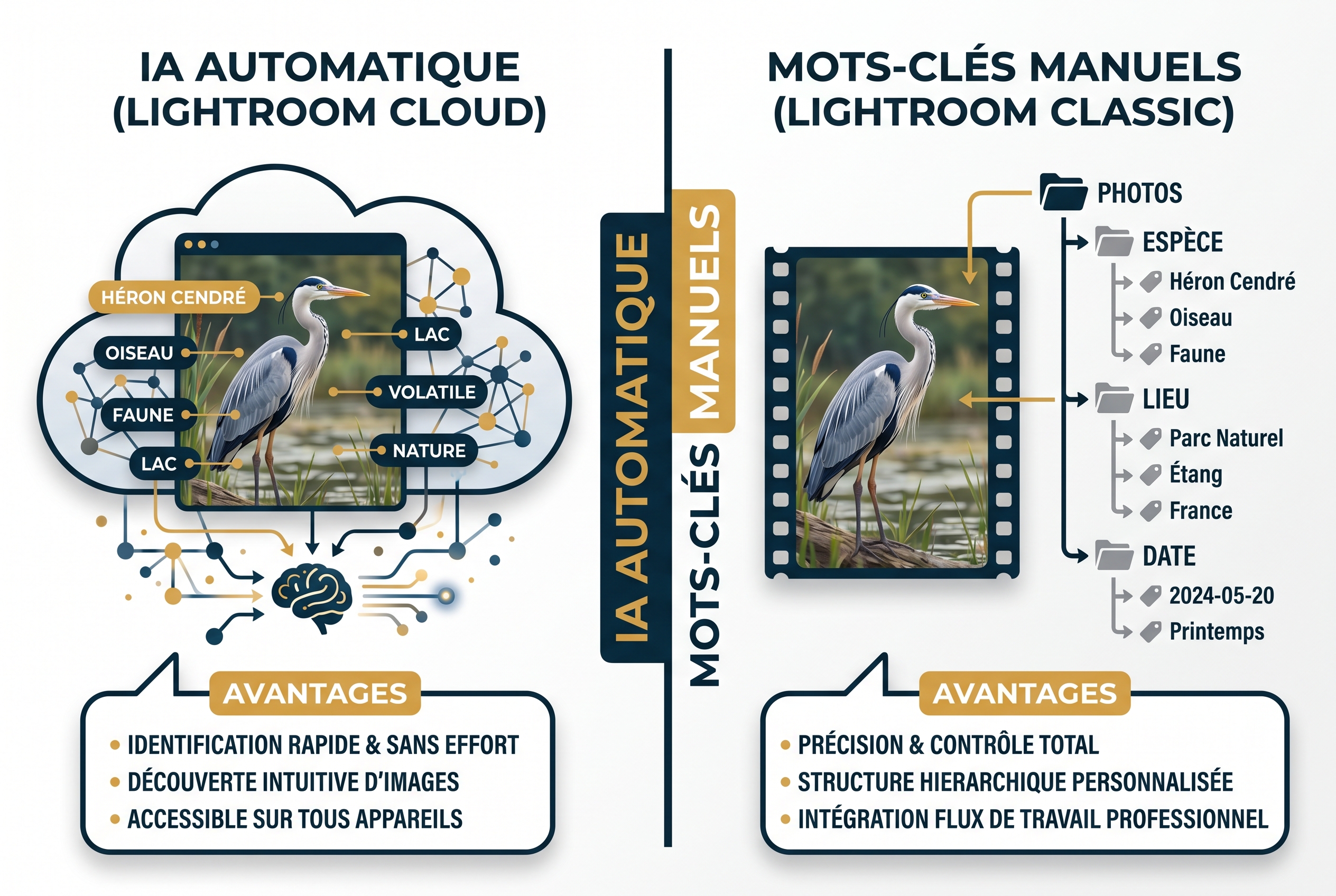 Comparatif visuel Lightroom vs Lightroom Classic : reconnaissance automatique par IA d'un oiseau vs système de mots-clés manuels hiérarchisés pour photographe de nature.