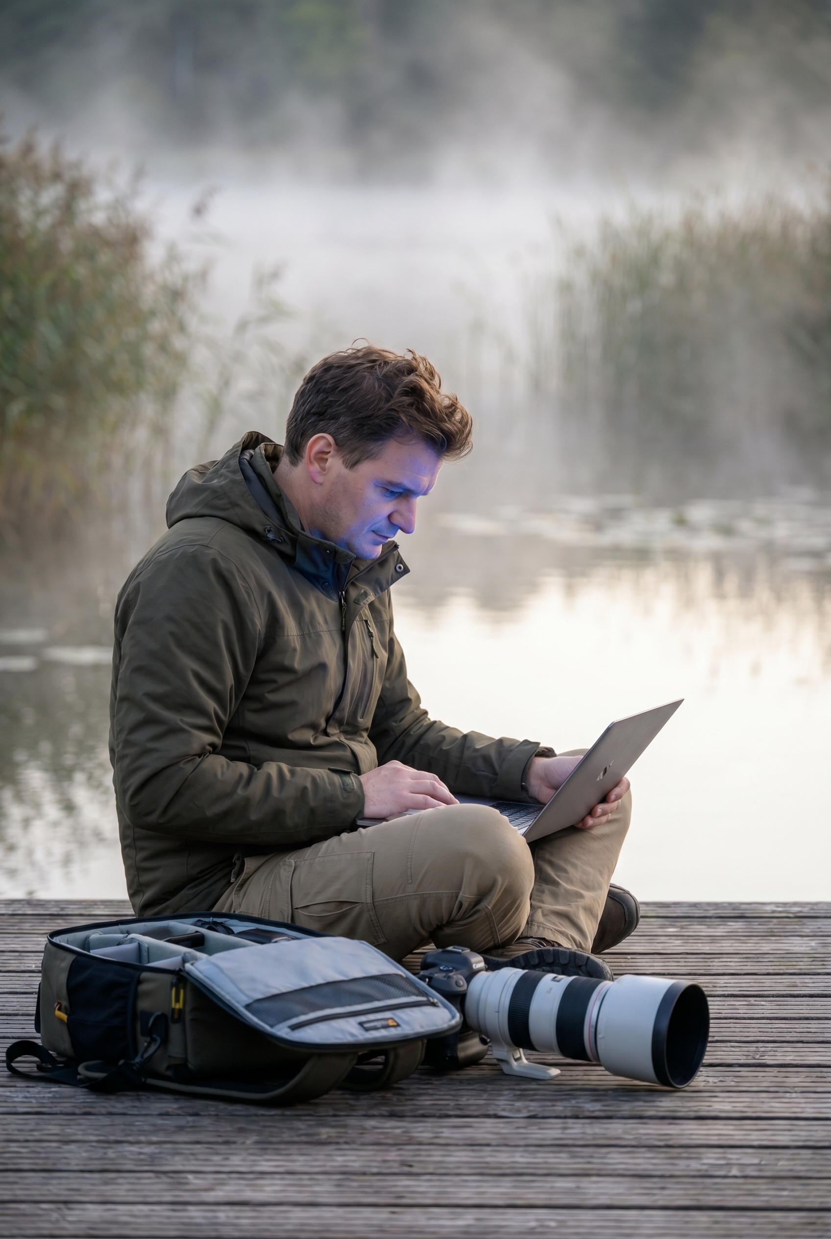 Photographe animalier utilisant son ordinateur portable au bord d'un marais pour choisir entre Lightroom vs Lightroom Classic.