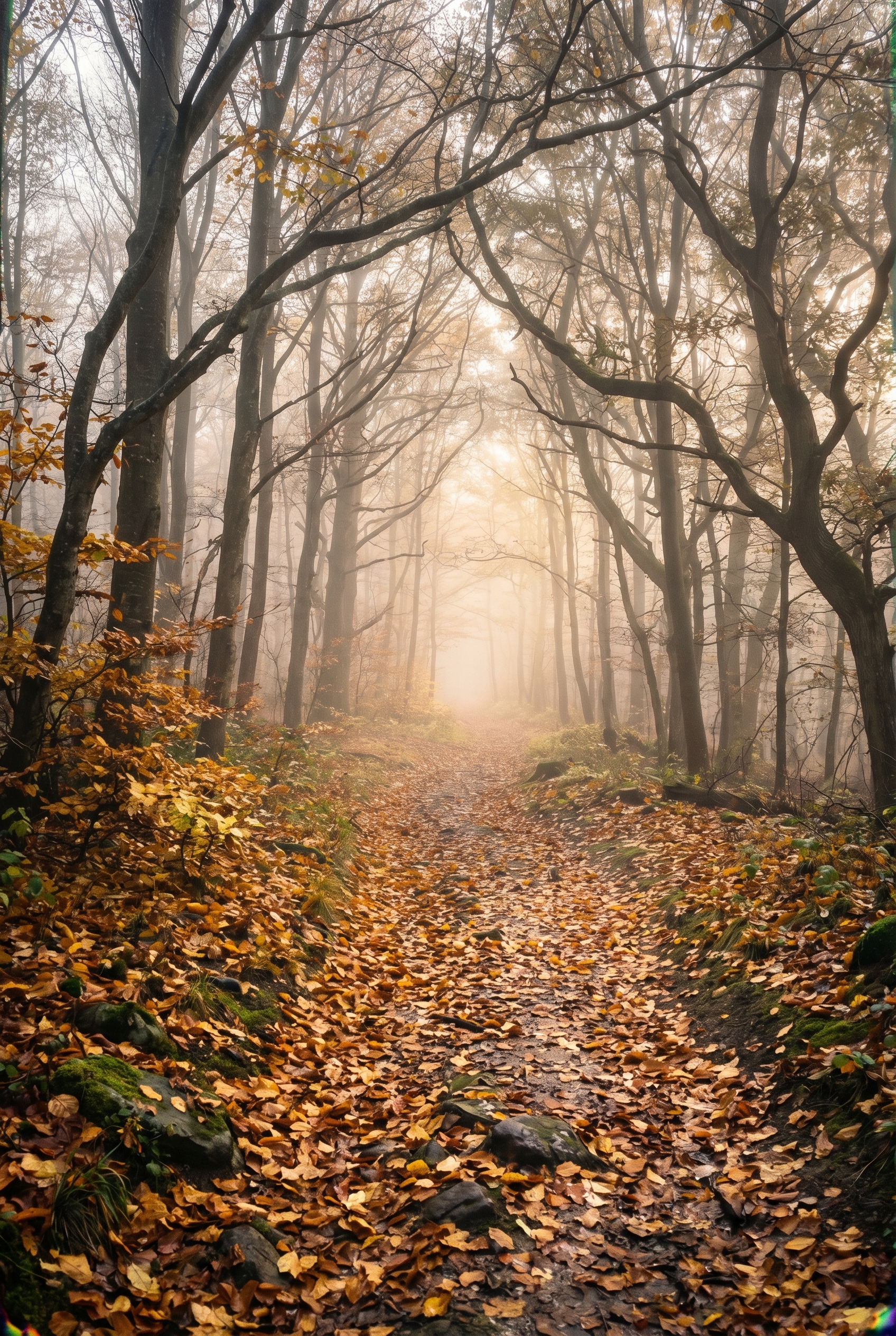 Un sentier sinueux couvert de feuilles d'automne créant une ligne directrice vers un point de fuite dans une forêt brumeuse