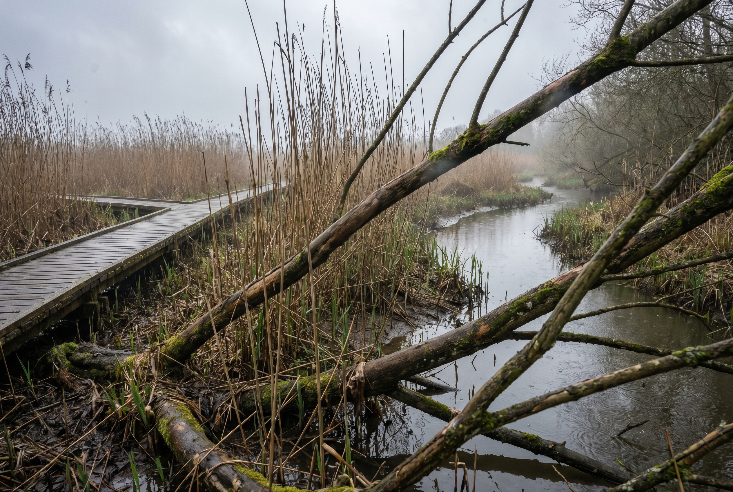 Exemple de confusion visuelle en photographie avec des lignes directrices contradictoires dans un marais : ponton, branches et roseaux s'entrecroisant.