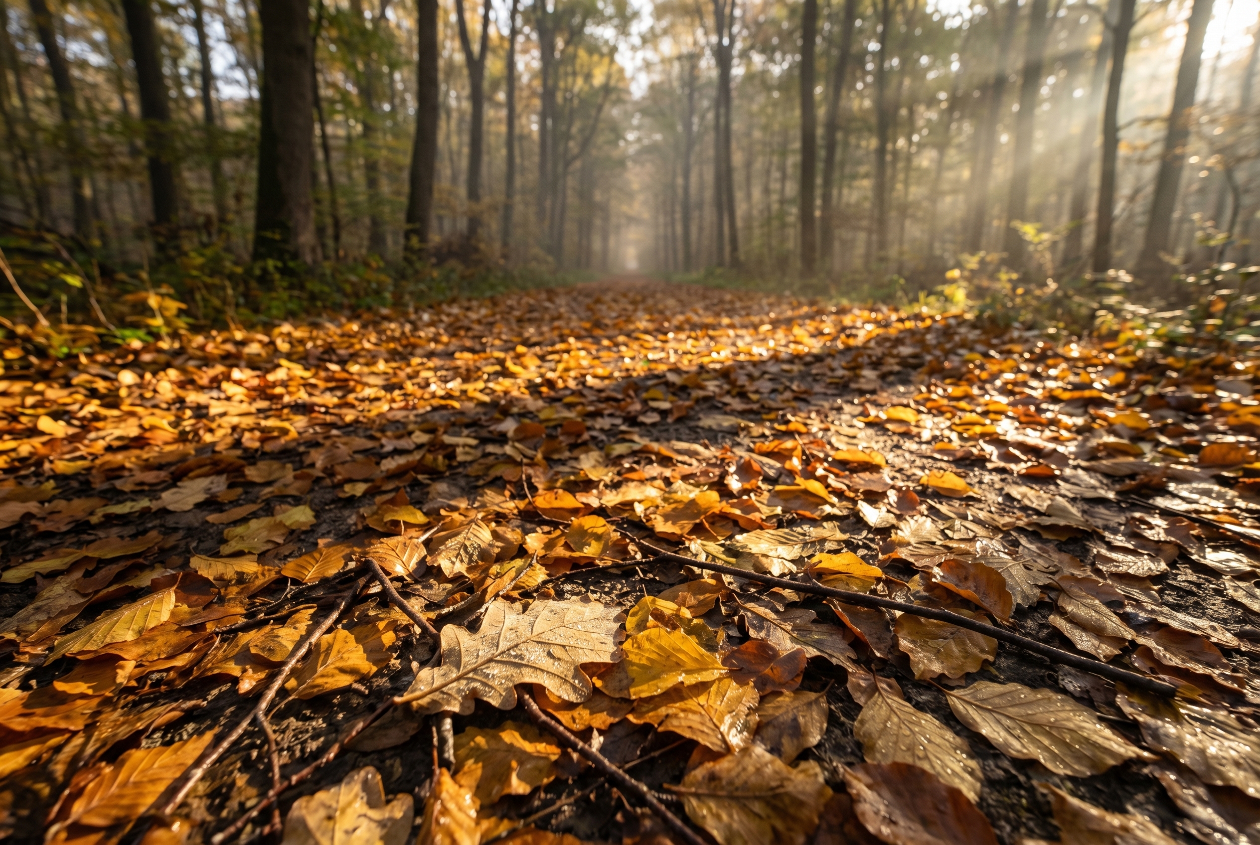 Sentier sinueux en forêt d'automne illustrant l'utilisation des lignes directrices en photographie pour créer de la profondeur.