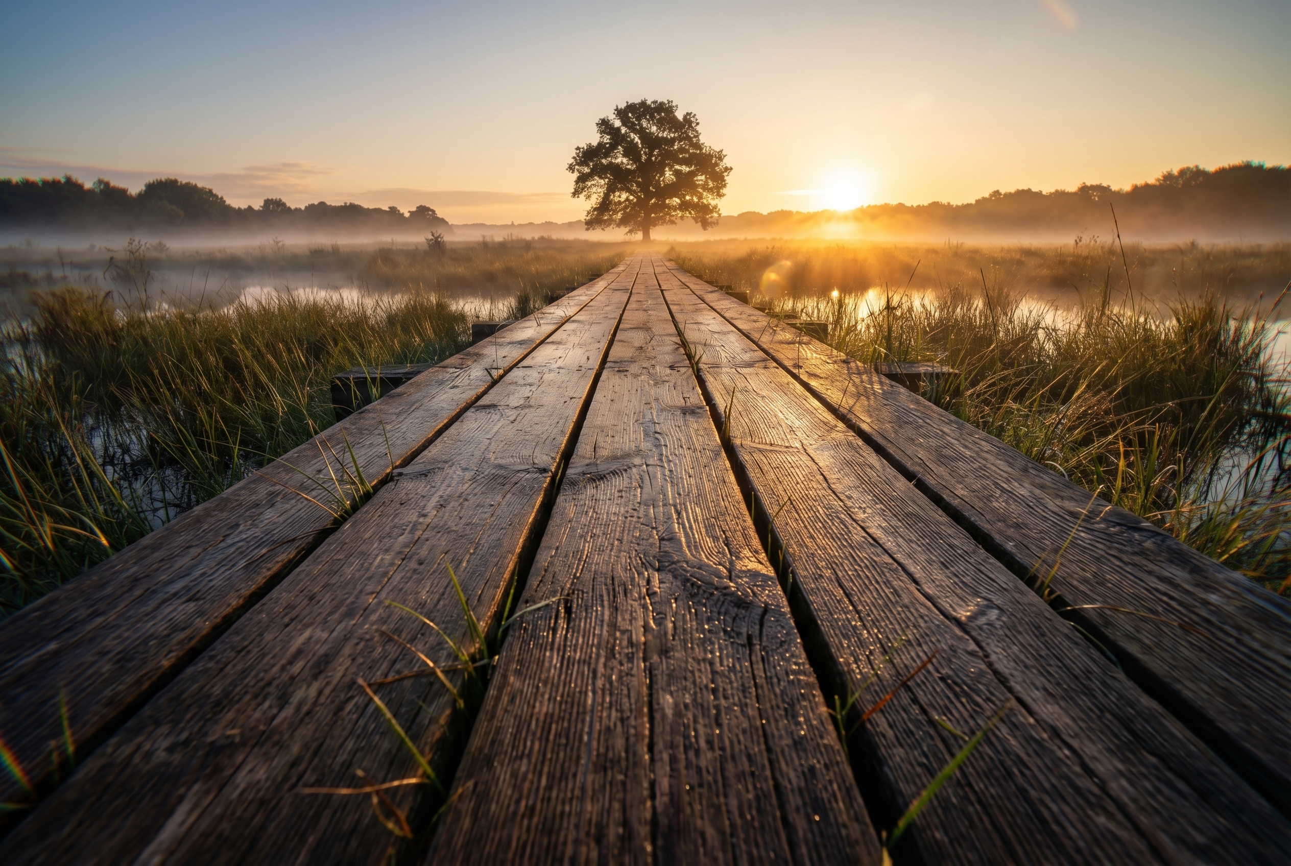 Photographie de paysage montrant l'utilisation de lignes directrices avec un ponton en bois menant vers un chêne solitaire dans la brume au lever du soleil.