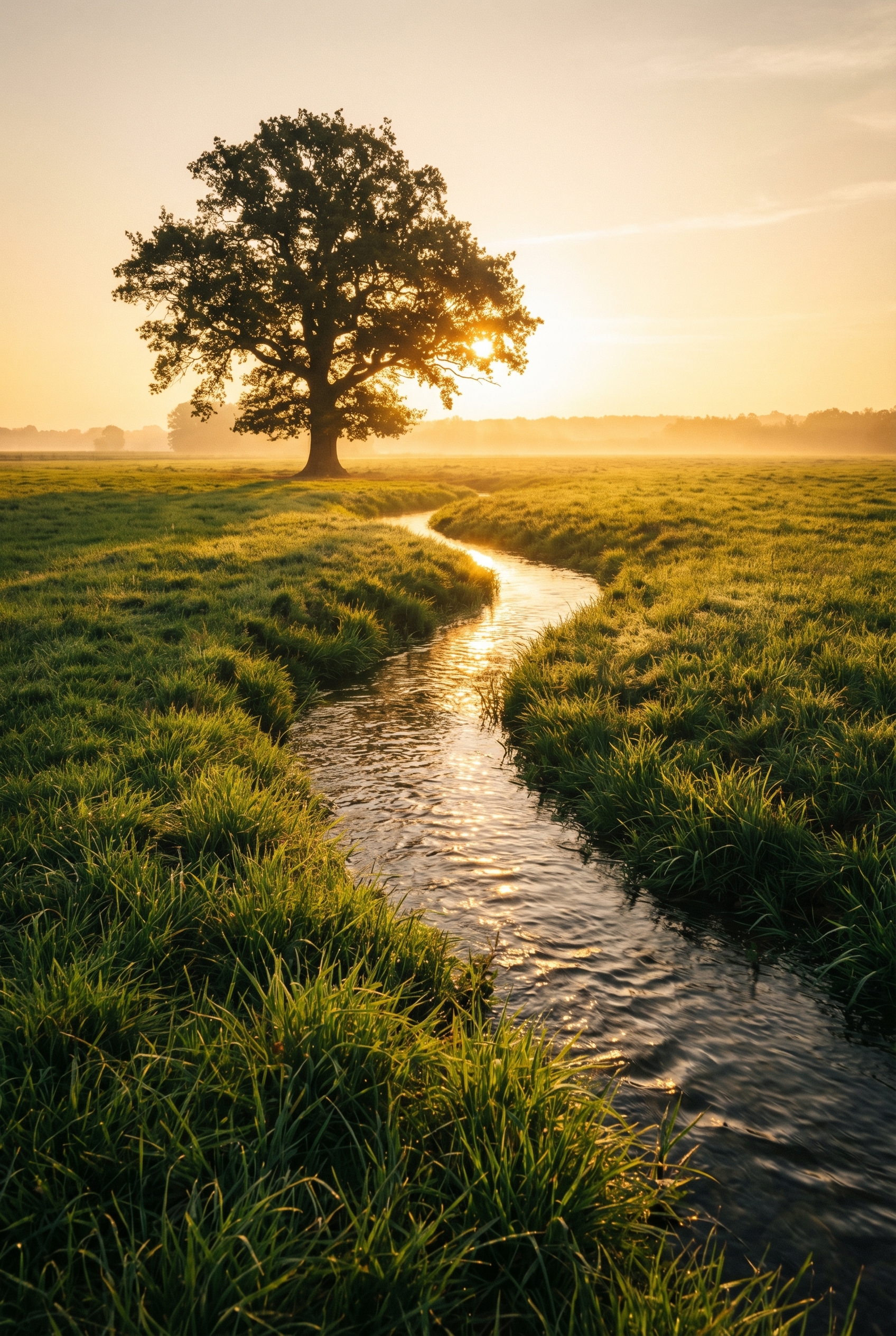 Photographie de paysage illustrant l'utilisation d'un ruisseau comme ligne directrice vers un chêne solitaire au lever du soleil.