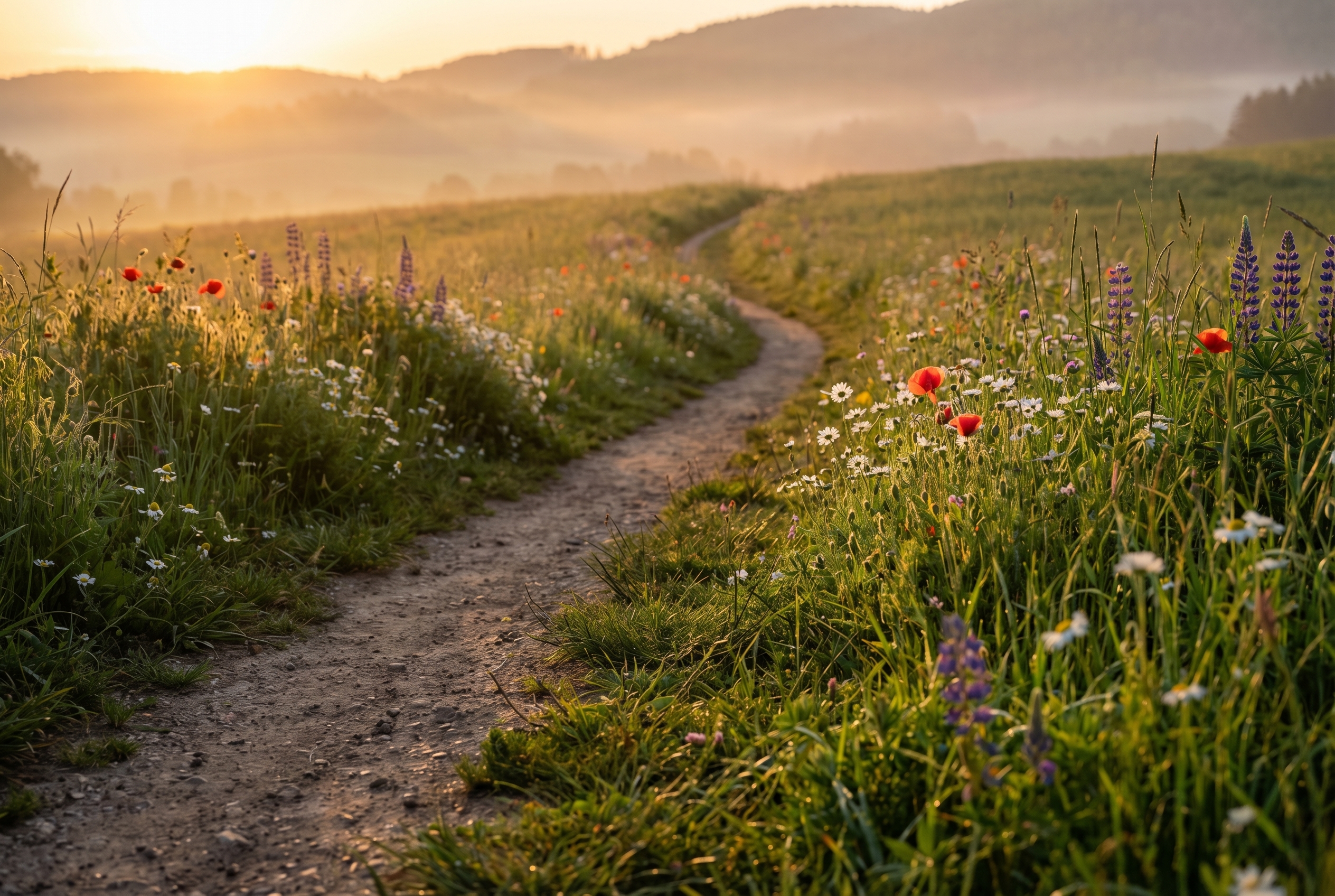 Photographie d'un sentier de terre sinueux traversant une prairie verdoyante, illustrant l'utilisation des lignes directrices pour créer de la profondeur.