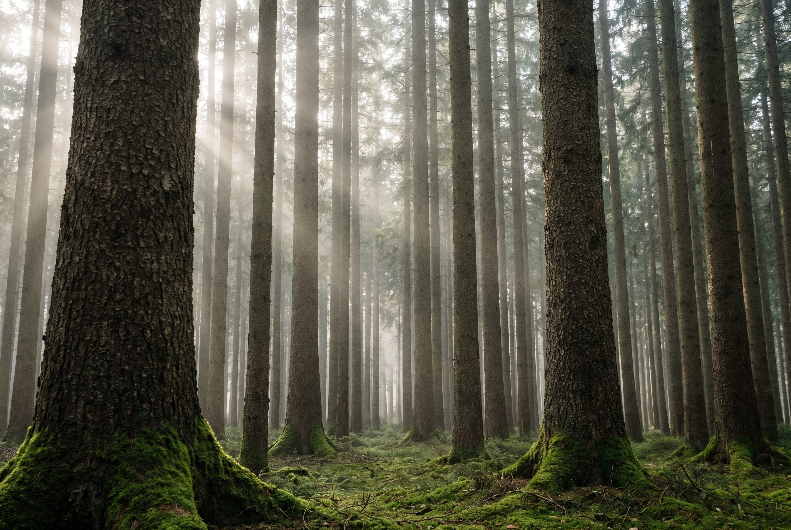 Photographie en contre-plongée d'une forêt de pins utilisant les troncs comme lignes directrices pour accentuer la profondeur.