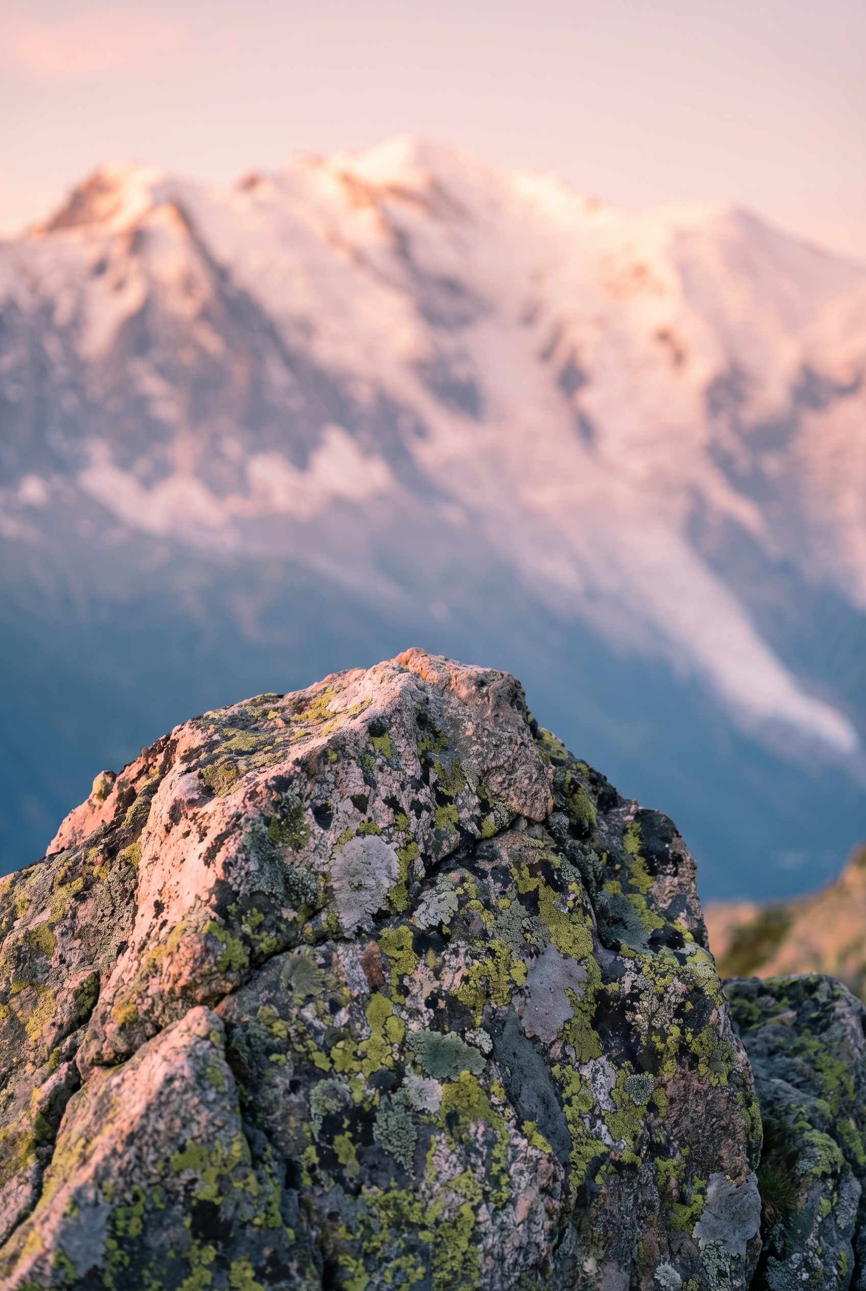 Le focus stacking : comment avoir des photos 100% nettes 13 Premier plan net d'un rocher de granit avec du lichen et arrière-plan de montagnes enneigées floues dans les Alpes à l'aube.